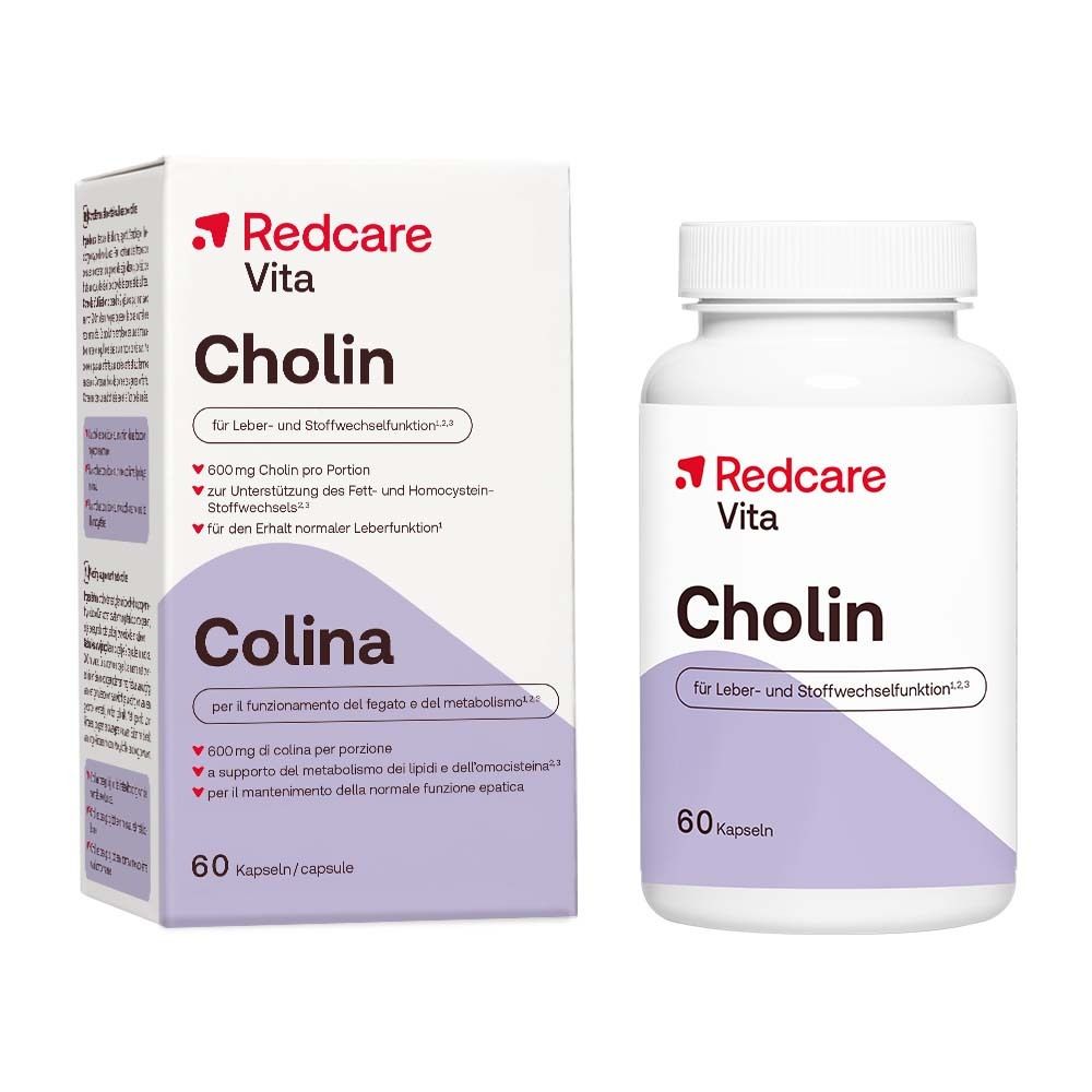 Weiße Flasche und Schachtel mit Redcare Vita Cholin. Aufschrift: Cholin, 60 Kapseln. Auf der Schachtel: Colina.