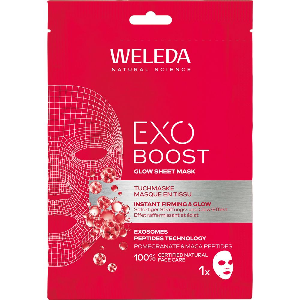 Weleda Exo Boost Glow Tuchmaske: Rote Verpackung mit Gesichtsmasken-Illustration und Produktnamen.