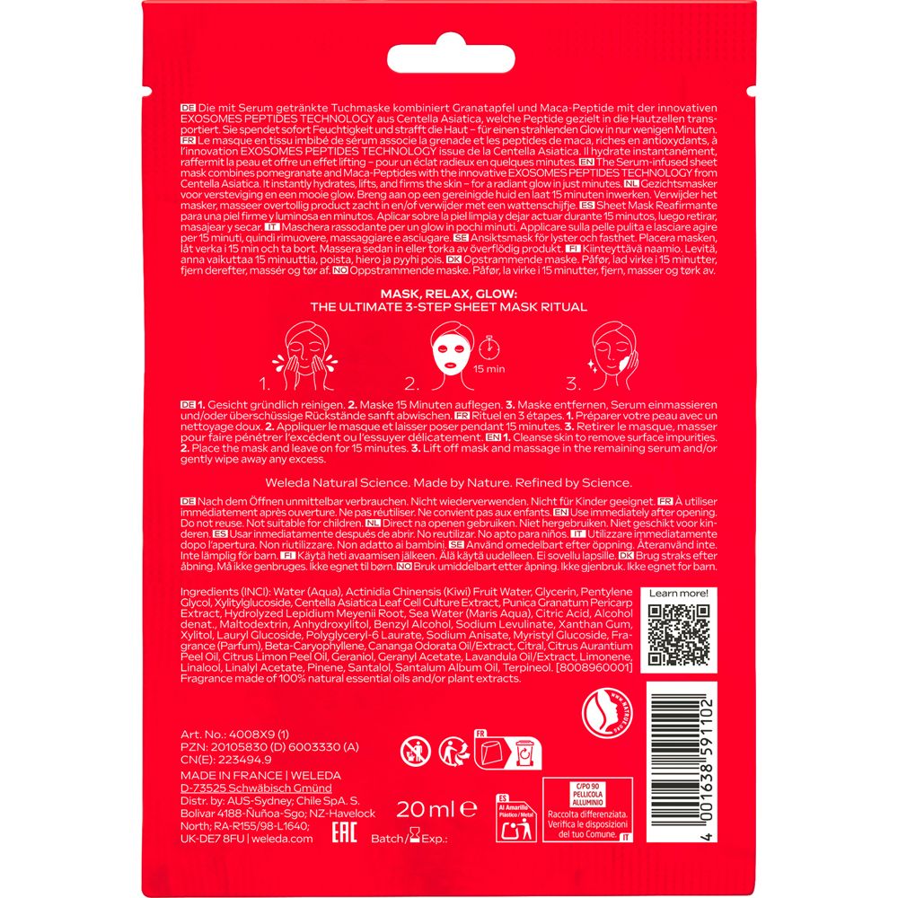 Rückseite der Weleda Exo Boost Glow Tuchmasken-Verpackung mit Anwendungshinweisen und Inhaltsstoffen.