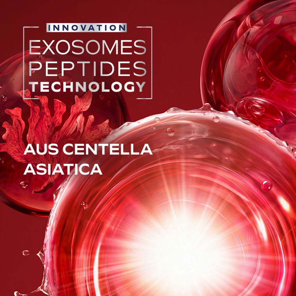 Abstrakte Darstellung von Exosomen und Peptiden mit Centella Asiatica, die die Technologie der Weleda Maske hervorheben.