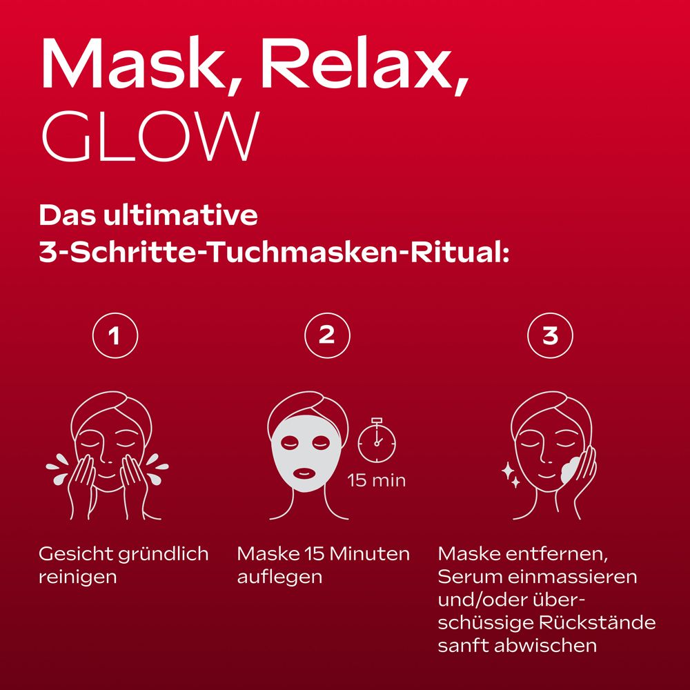 Anleitung zur Anwendung der Weleda Exo Boost Glow Tuchmaske in drei Schritten: Reinigen, Maske auftragen, einmassieren.