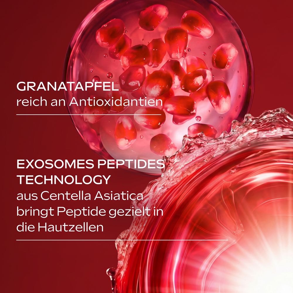 Granatapfel-Samen und die Wirkung von Peptiden aus Centella Asiatica auf die Hautzellen.