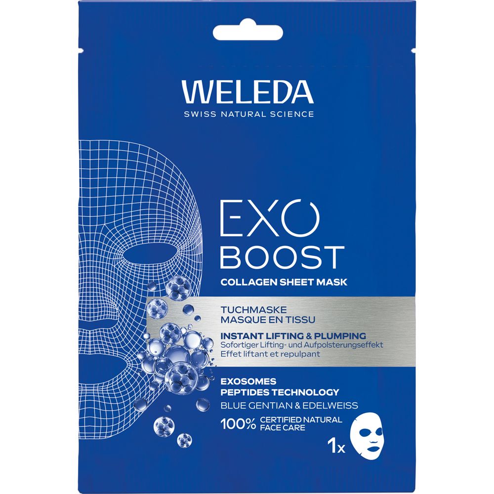 Blaue Verpackung mit Produktnamen und Logo. Enthält eine Gesichtsmaske. Text: Exo Boost, Collagen Sheet Mask.