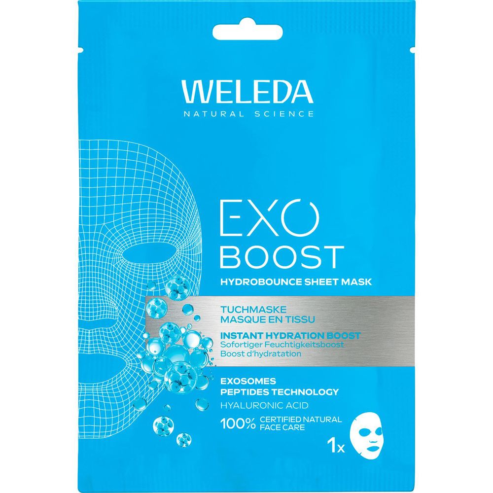 Hellblaue Verpackung mit Produktnamen und Logo. Enthält eine Gesichtsmaske. Text: EXO BOOST, HYDROBOUNCE SHEET MASK, 100% CERTIFIED NATURAL FACE CARE.