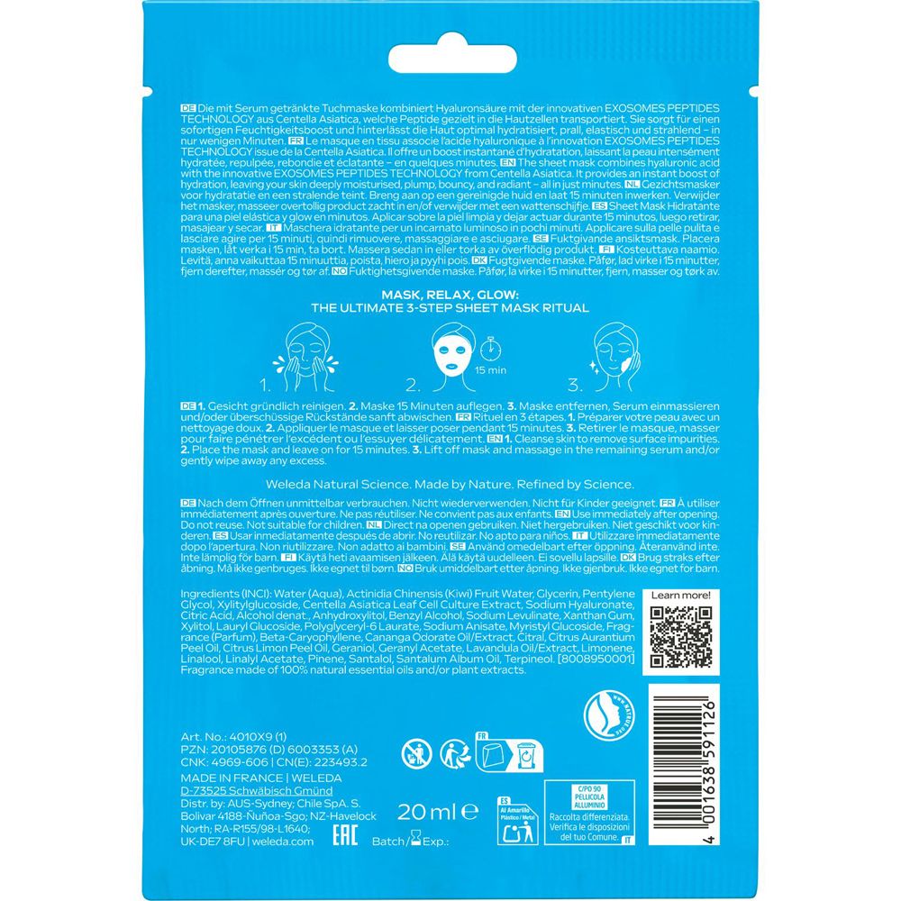 Rückseite der Verpackung mit Text und Illustrationen. Enthält Anweisungen und Inhaltsstoffe. Volumen: 20ml. Marke: Weleda. QR-Code und Zertifizierungen.