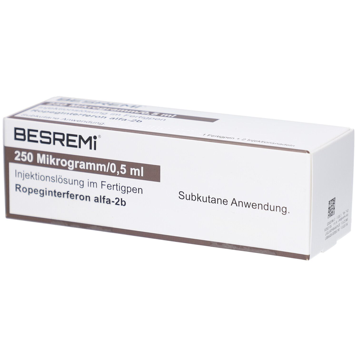 Weiße Produktverpackung mit Aufschrift BESREMI, 250 Mikrogramm/0,5 ml Injektionslösung im Fertigpen. Subkutane Anwendung.