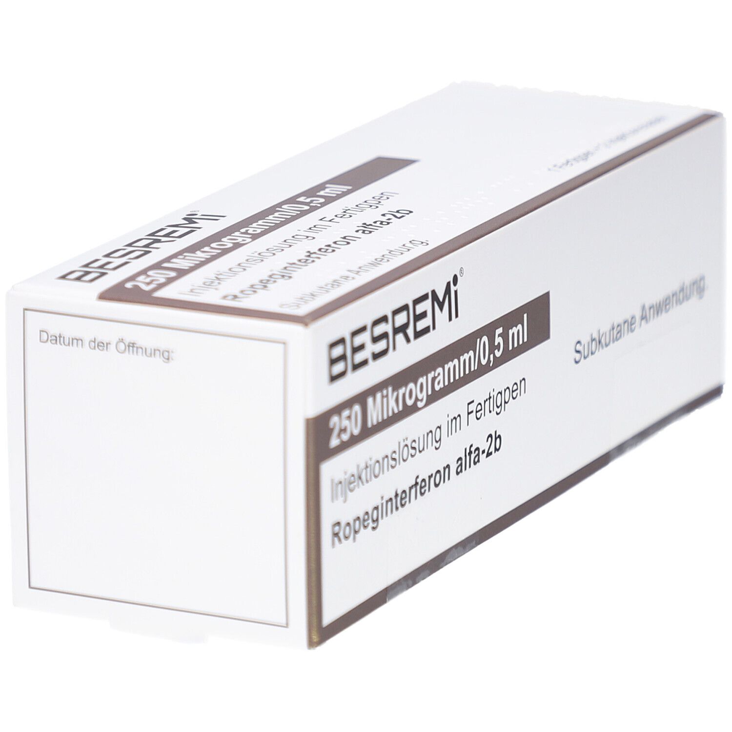 Produktverpackung mit BESREMI-Aufdruck, 250 Mikrogramm/0,5 ml. Text: Injektionslösung im Fertigpen, subkutane Anwendung. Winkelansicht.