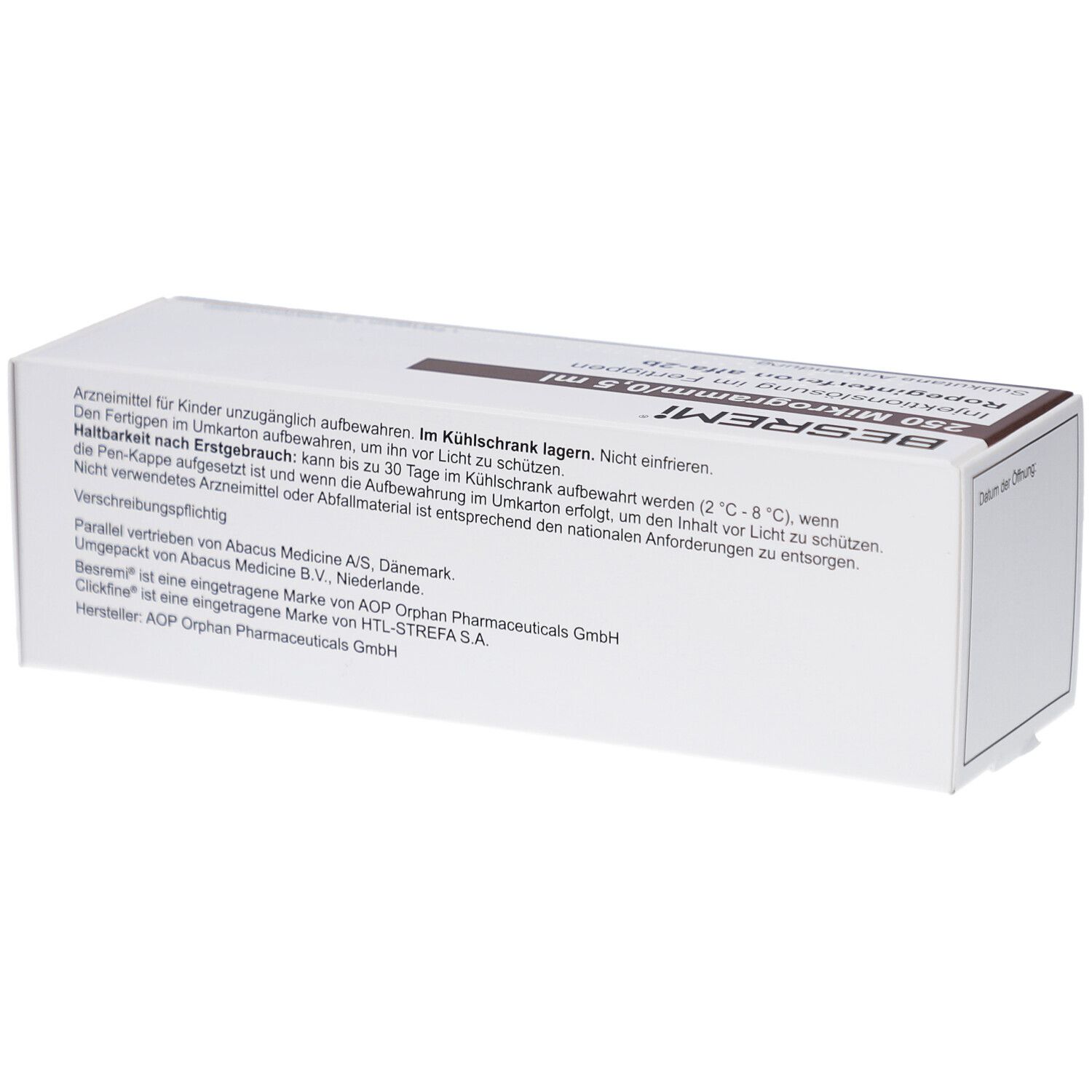 Rückseite der Produktverpackung mit Text. Enthält Informationen zur Aufbewahrung und Herstellerangaben. Weißer Hintergrund.