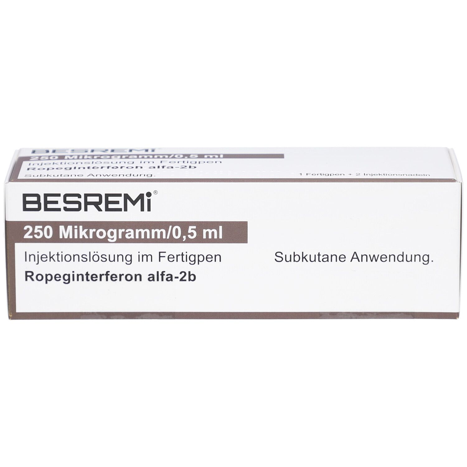Weiße Produktverpackung mit BESREMI-Aufdruck, 250 Mikrogramm/0,5 ml. Text: Injektionslösung im Fertigpen, subkutane Anwendung.