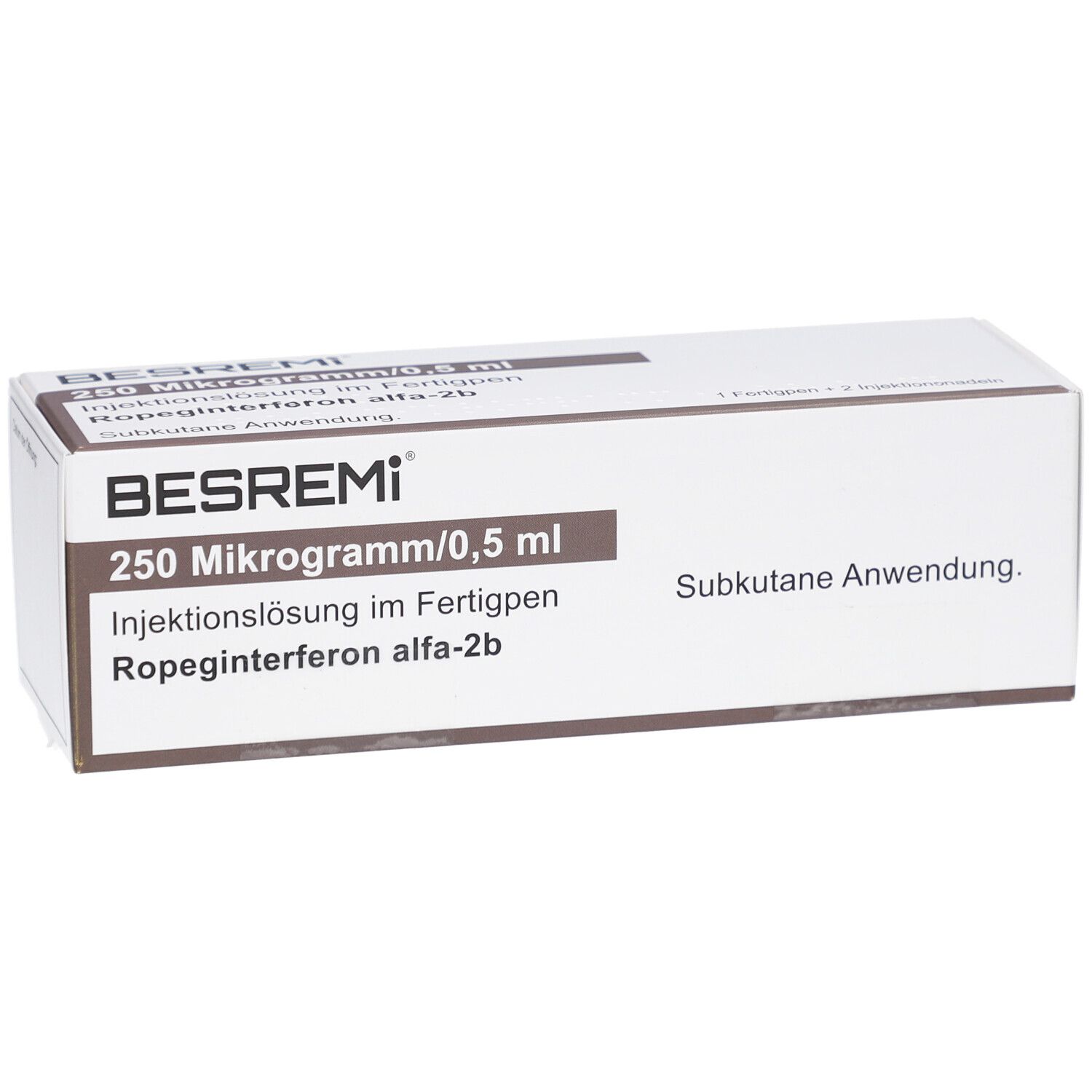 Produktverpackung mit BESREMI-Aufdruck, 250 Mikrogramm/0,5 ml. Text: Injektionslösung im Fertigpen, subkutane Anwendung. Draufsicht.