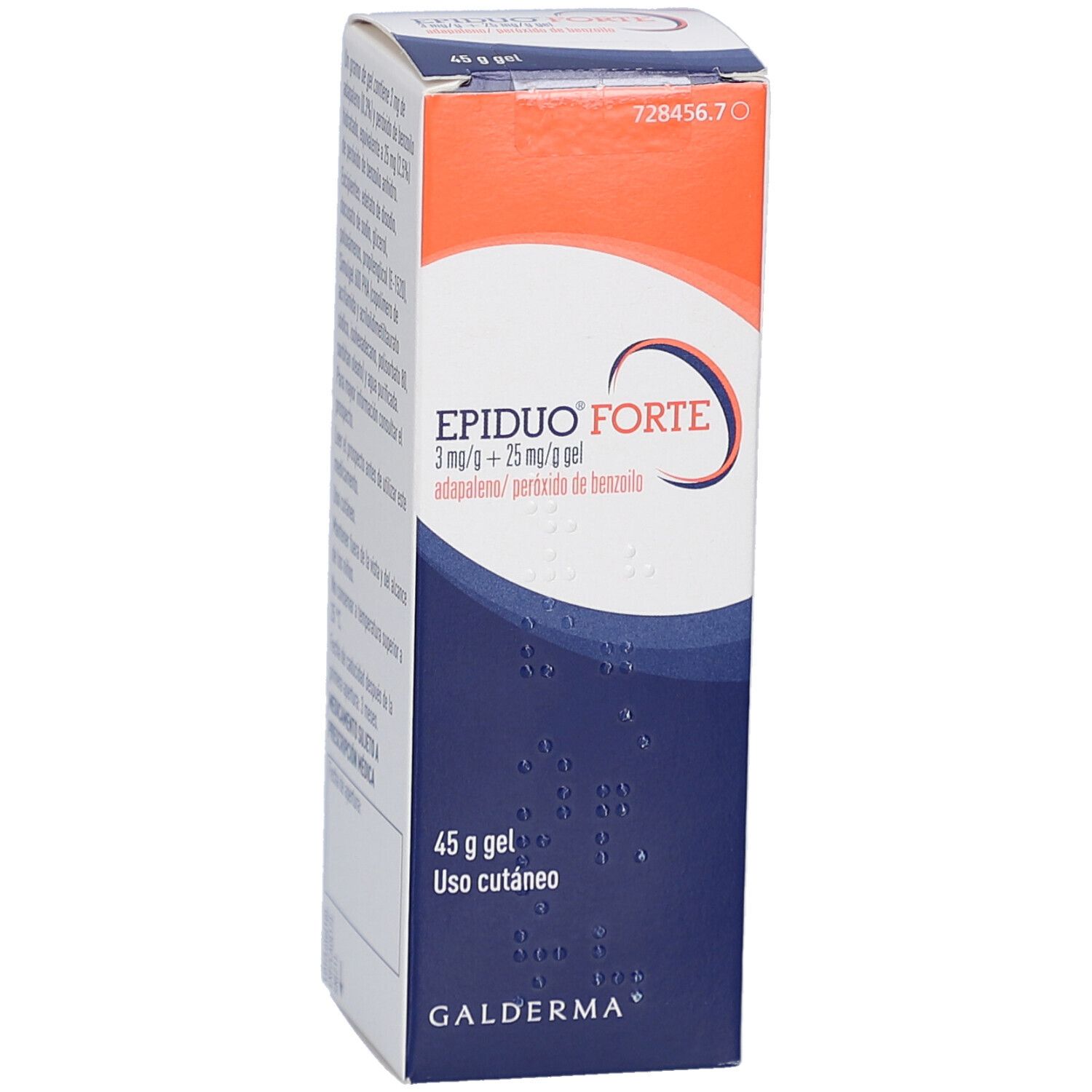 EPIDUO FORTE Gel-Schachtel. Orange-weiß-blauer Farbverlauf. Text: 45 g Gel, Galderma Logo. Inhaltsstoffe und Dosierung.