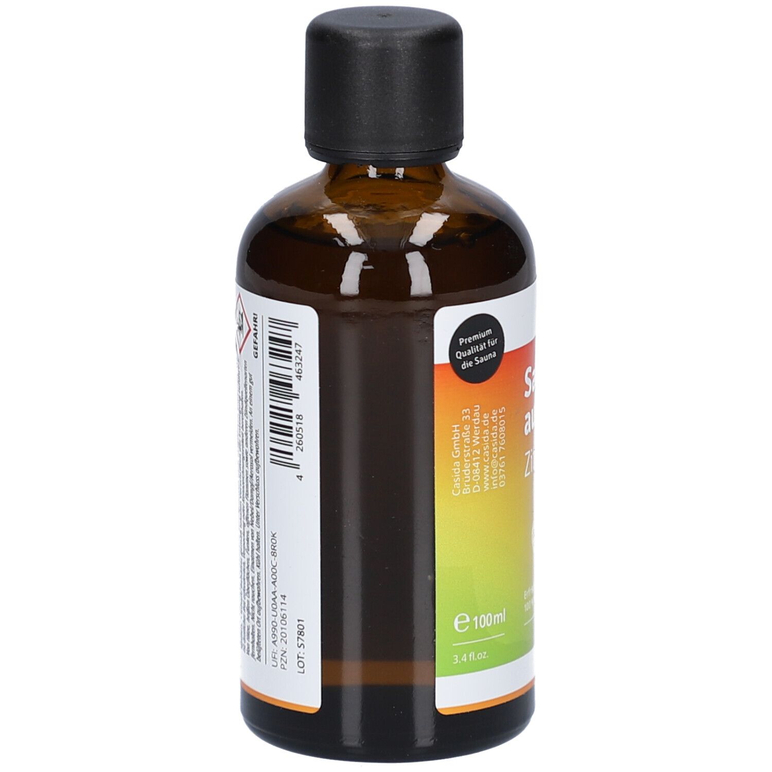 Braune Glasflasche mit schwarzem Deckel. Etikett mit Barcode und Herstellerinformationen. Aufdruck: e100ml. Marke: Casida.
