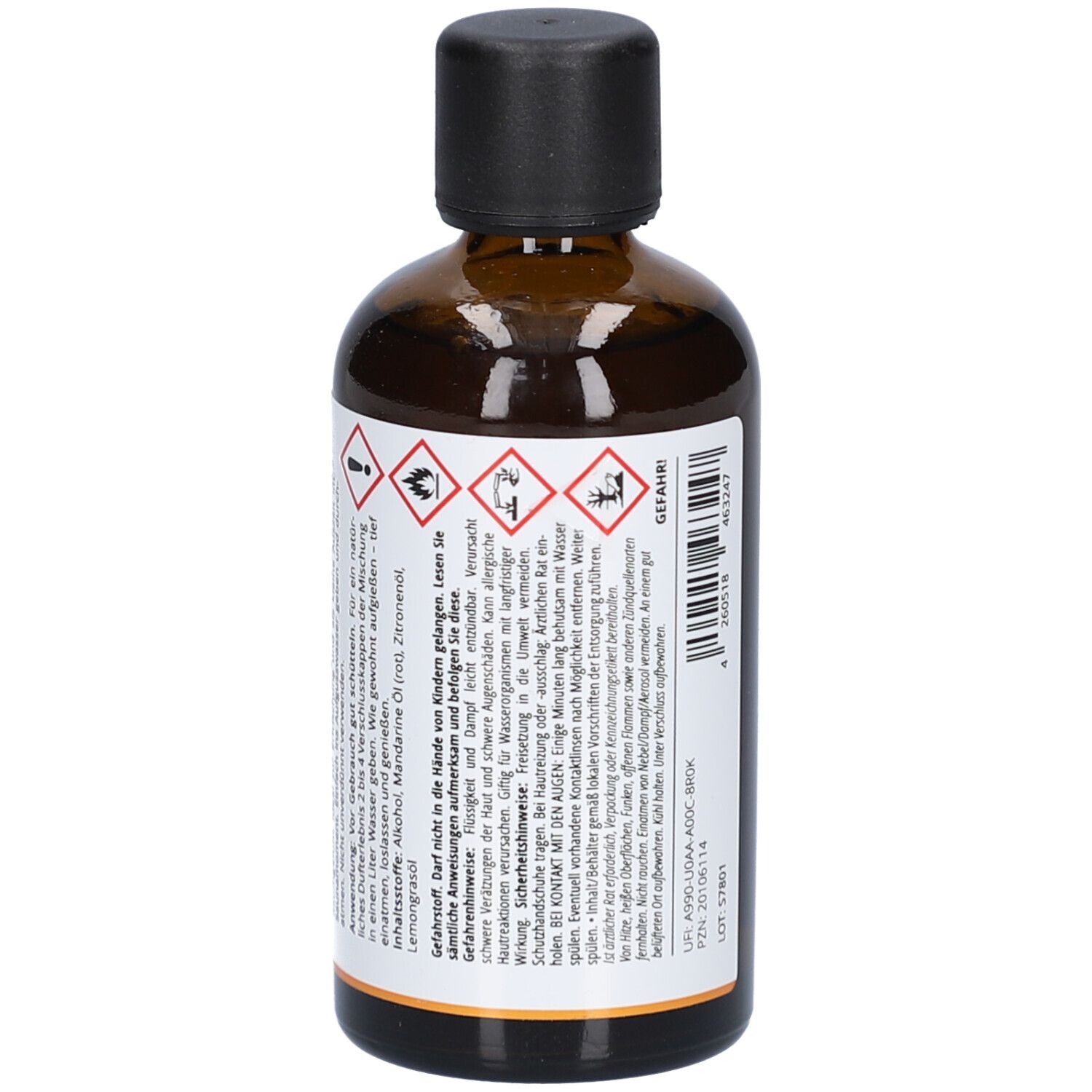 Braune Glasflasche mit schwarzem Deckel. Etikett mit Warnhinweisen und Inhaltsstoffen. Marke: Casida.