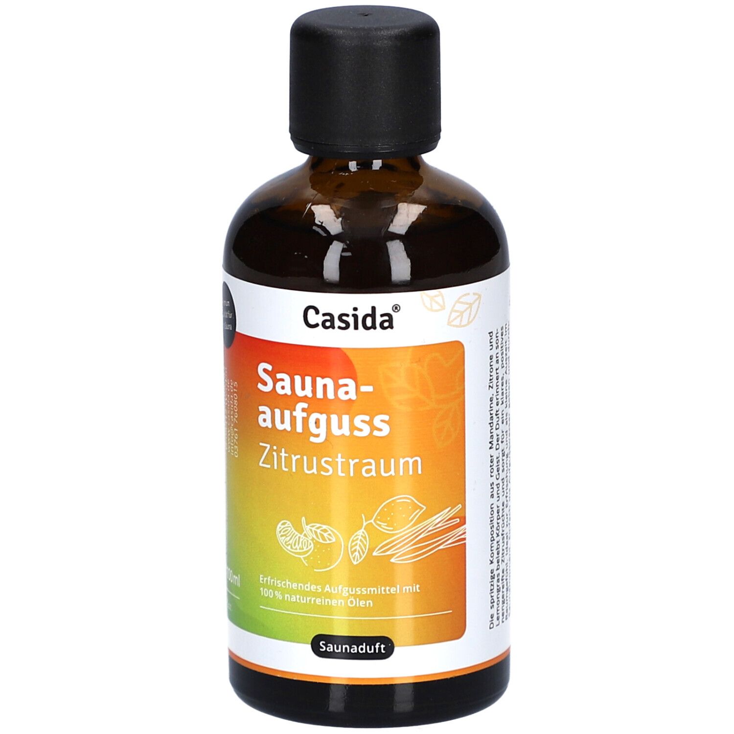 Braune Glasflasche mit schwarzem Deckel. Etikett mit Produktname: Saunaaufguss Zitrustraum. Marke: Casida. Abbildung von Zitrusfrüchten.