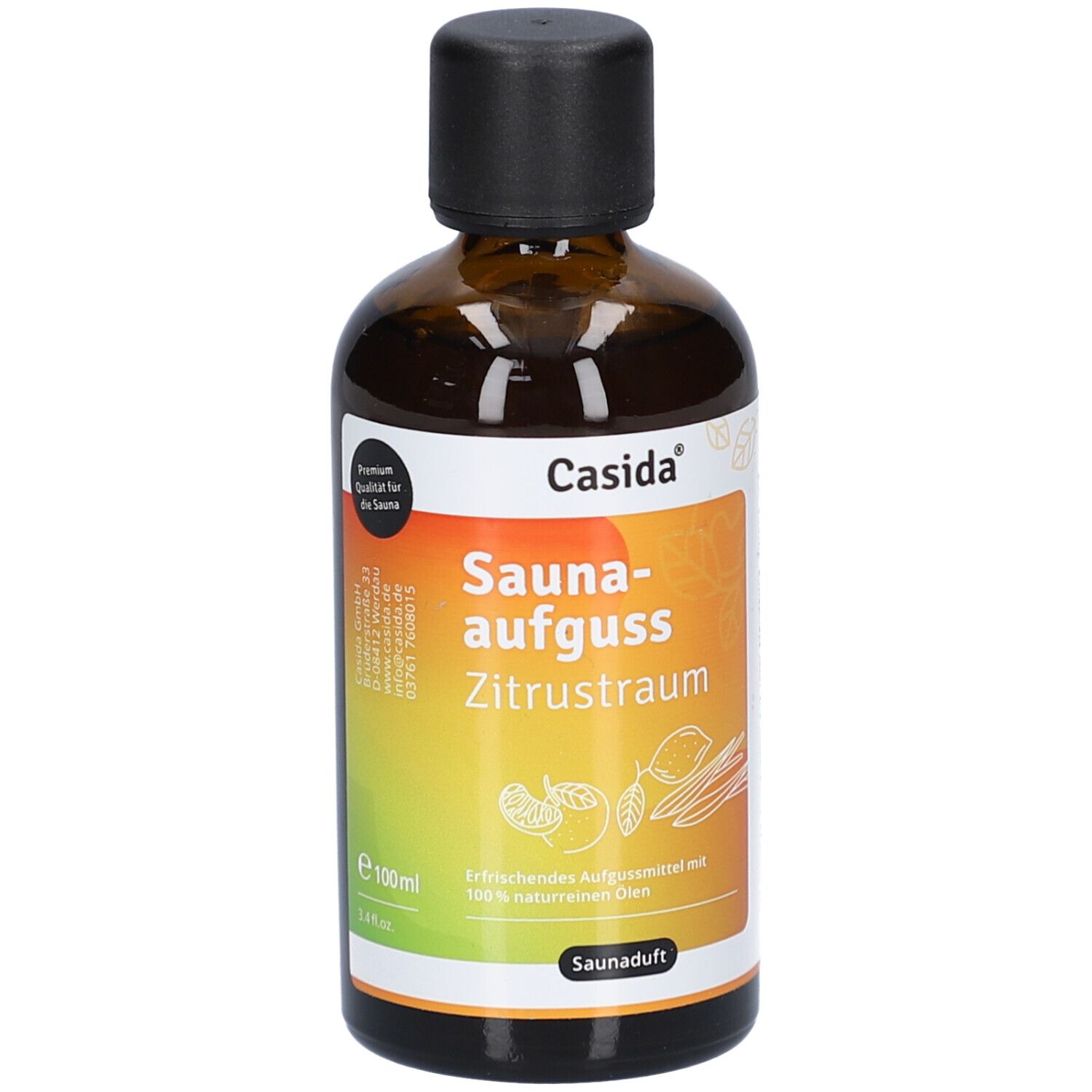 Braune Glasflasche mit schwarzem Deckel. Etikett mit Produktname: Saunaaufguss Zitrustraum. Marke: Casida. Aufdruck: Premium Qualität für Sauna.