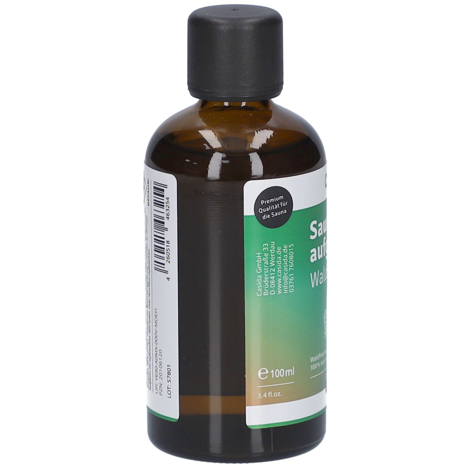 Braune Glasflasche mit schwarzem Deckel. Rückseite mit Etikett und Text. Premium Qualität für die Sauna.