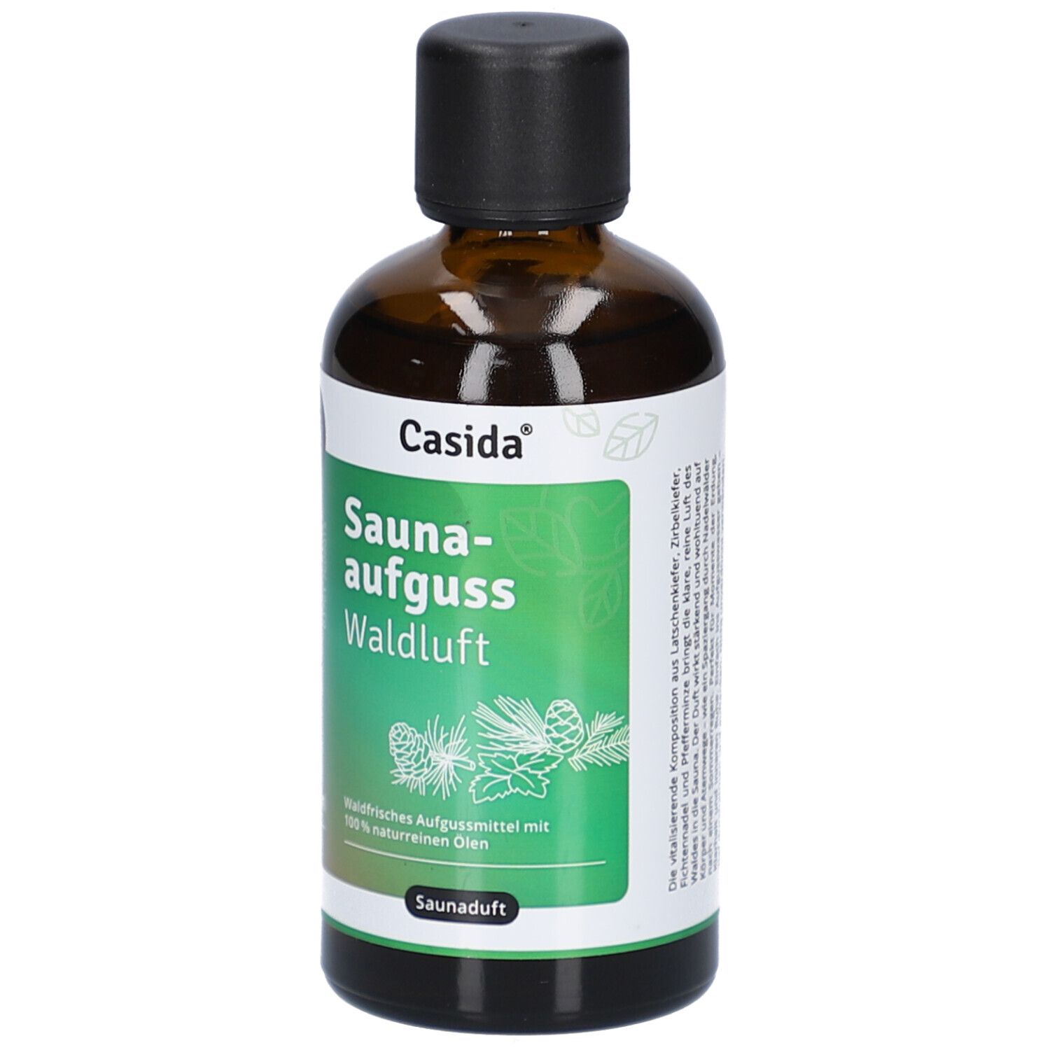Braune Glasflasche mit schwarzem Deckel. Etikett mit grünem Feld und Schriftzug: Saunaaufguss Waldluft. Marke: Casida.