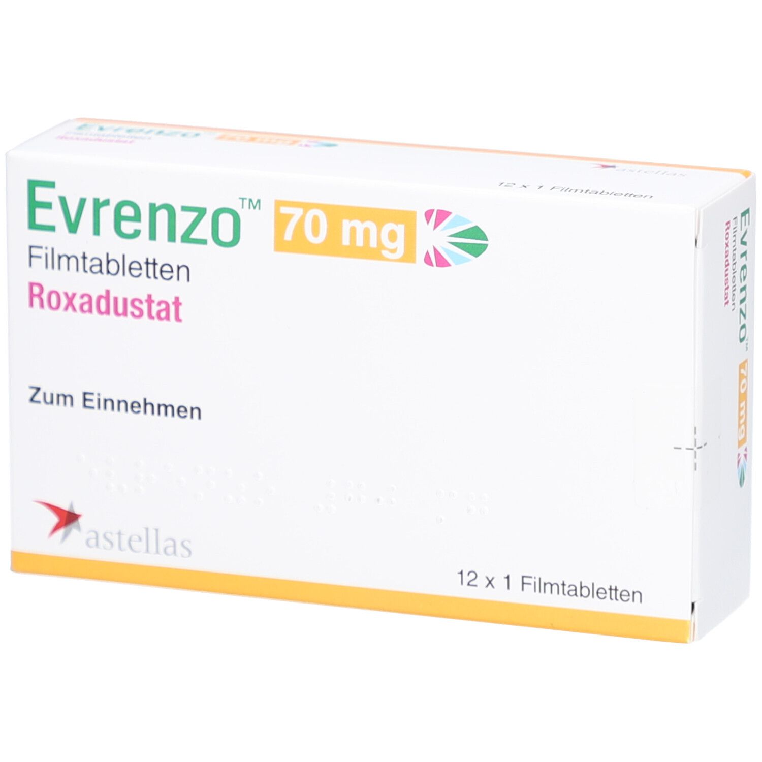 Schachtel mit EVRENZO 70 mg Filmtabletten. Aufschrift: Roxadustat, Zum Einnehmen. Astellas-Logo. 12 x 1 Filmtabletten.