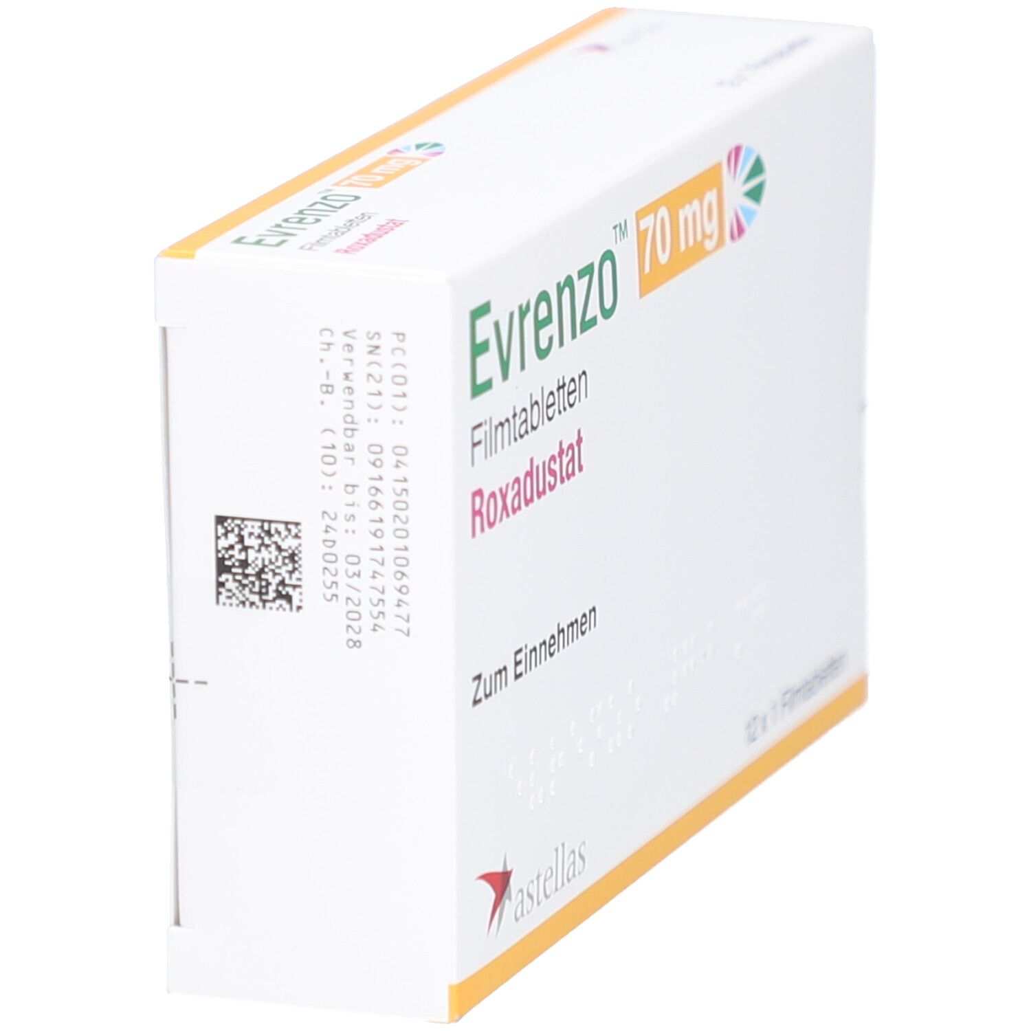 Schachtel mit EVRENZO 70 mg Filmtabletten. Seitenansicht. Aufschrift: Roxadustat, Zum Einnehmen. Barcode und weitere Informationen.