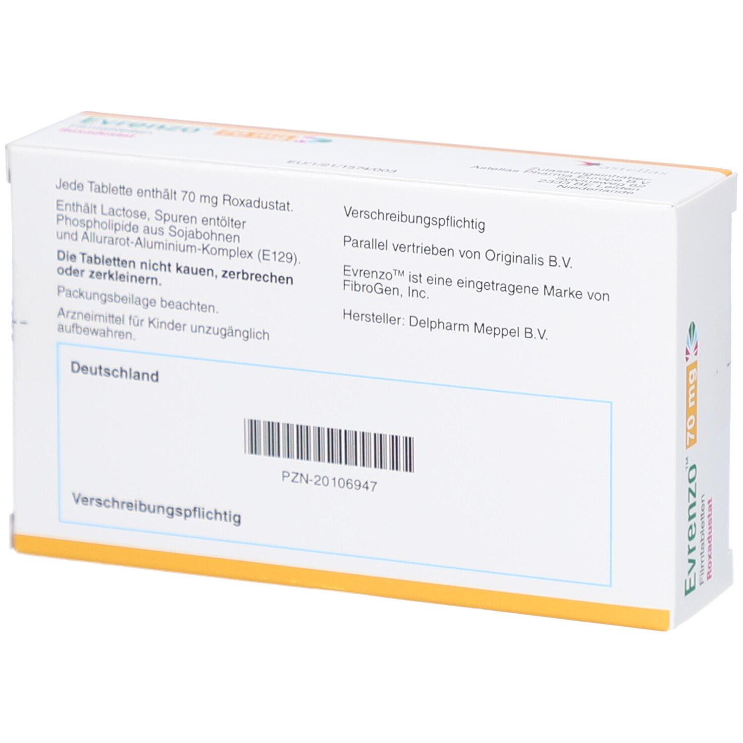Rückseite der Schachtel mit EVRENZO 70 mg Filmtabletten. Textinformationen: Zusammensetzung, Hersteller, PZN-Code, Verschreibungspflichtig.