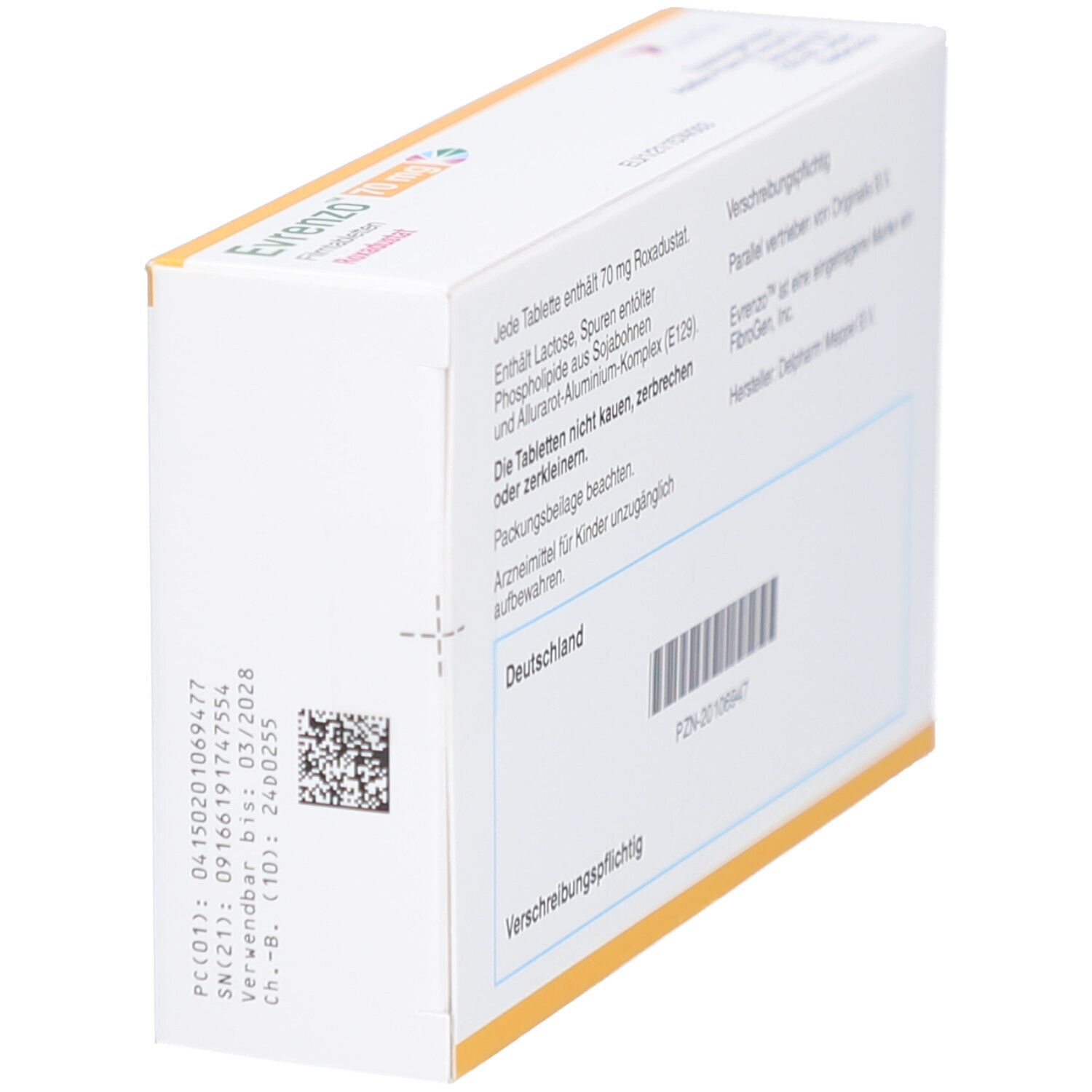Seitenansicht der Schachtel mit EVRENZO 70 mg Filmtabletten. Textinformationen: Zusammensetzung, Hersteller, PZN-Code, Verschreibungspflichtig.