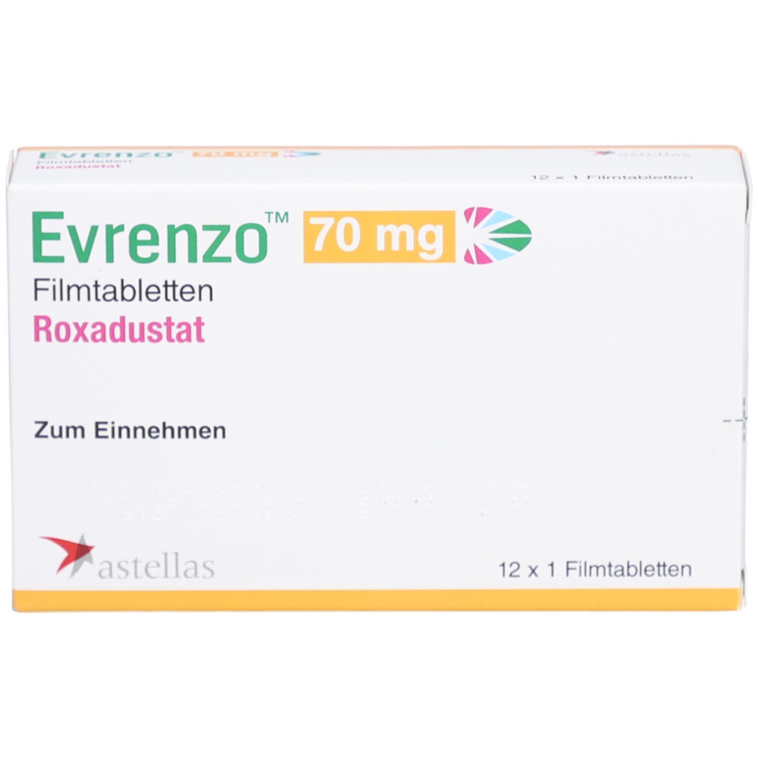 Schachtel mit EVRENZO 70 mg Filmtabletten. Aufschrift: Roxadustat, Zum Einnehmen. Astellas-Logo. 12 x 1 Filmtabletten. Gelber Streifen.