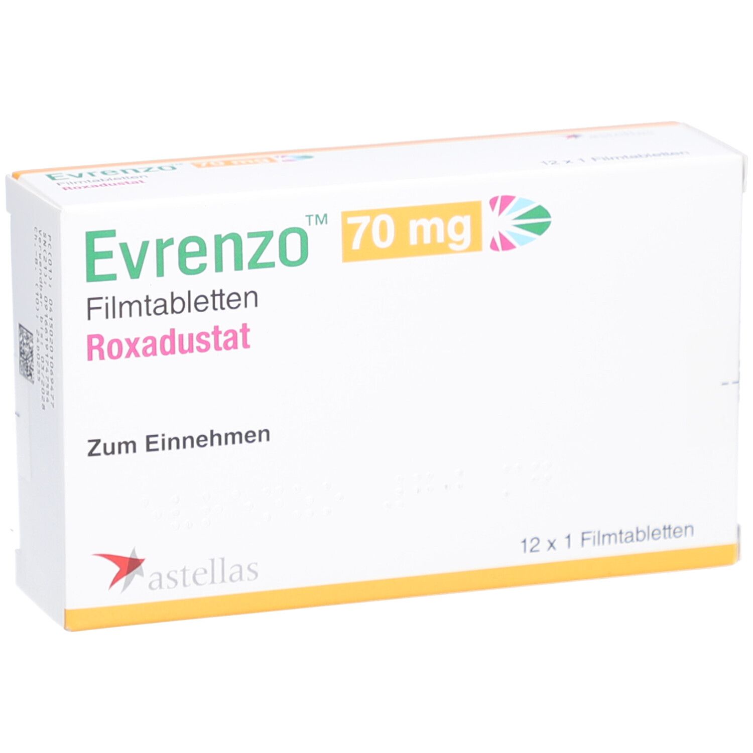 Schachtel mit EVRENZO 70 mg Filmtabletten. Aufschrift: Roxadustat, Zum Einnehmen. 12 x 1 Filmtabletten. Gelber Streifen.