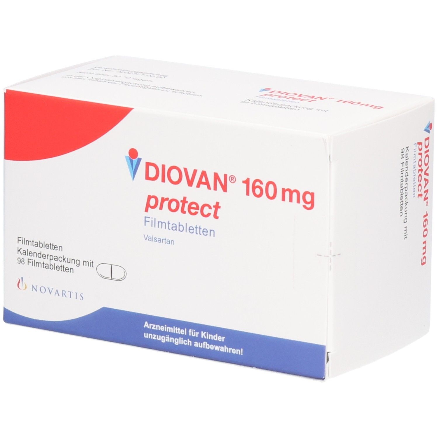 Weiße Schachtel mit rotem Akzent. Aufschrift DIOVAN 160 mg protect Filmtabletten. Enthält 98 Filmtabletten. Novartis Logo.