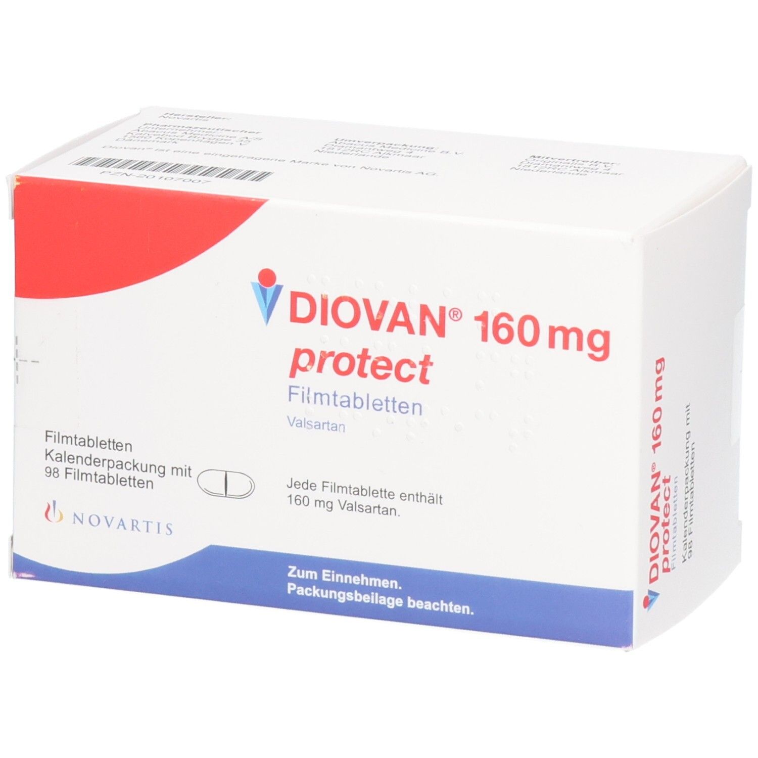 Weiße Schachtel mit rotem Akzent. Aufschrift DIOVAN 160 mg protect Filmtabletten. Enthält 98 Filmtabletten. Novartis Logo.