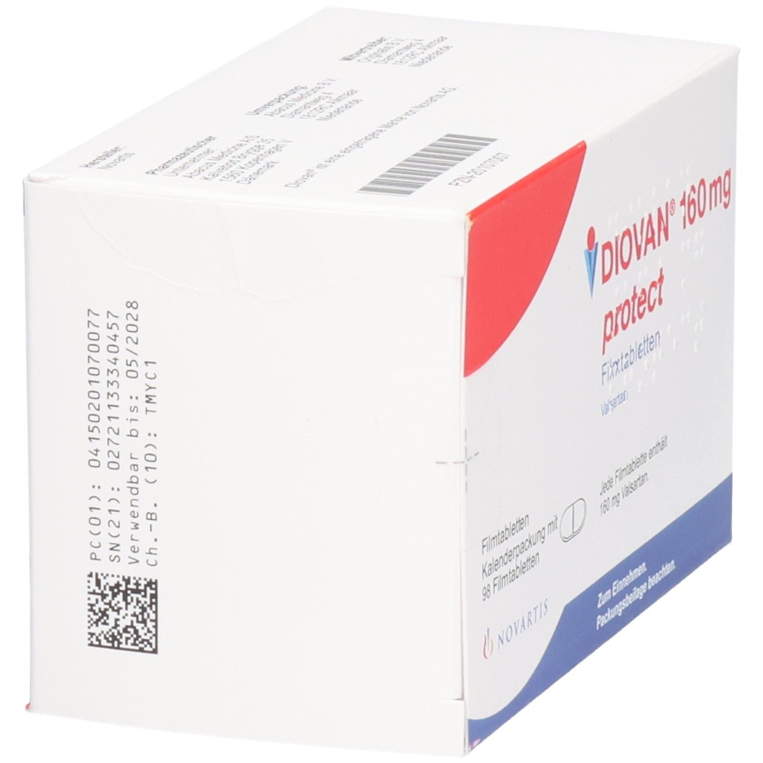 Weiße Schachtel mit rotem Akzent. Aufschrift DIOVAN 160 mg protect Filmtabletten. Enthält 98 Filmtabletten. Novartis Logo. Barcode und Chargennummer.