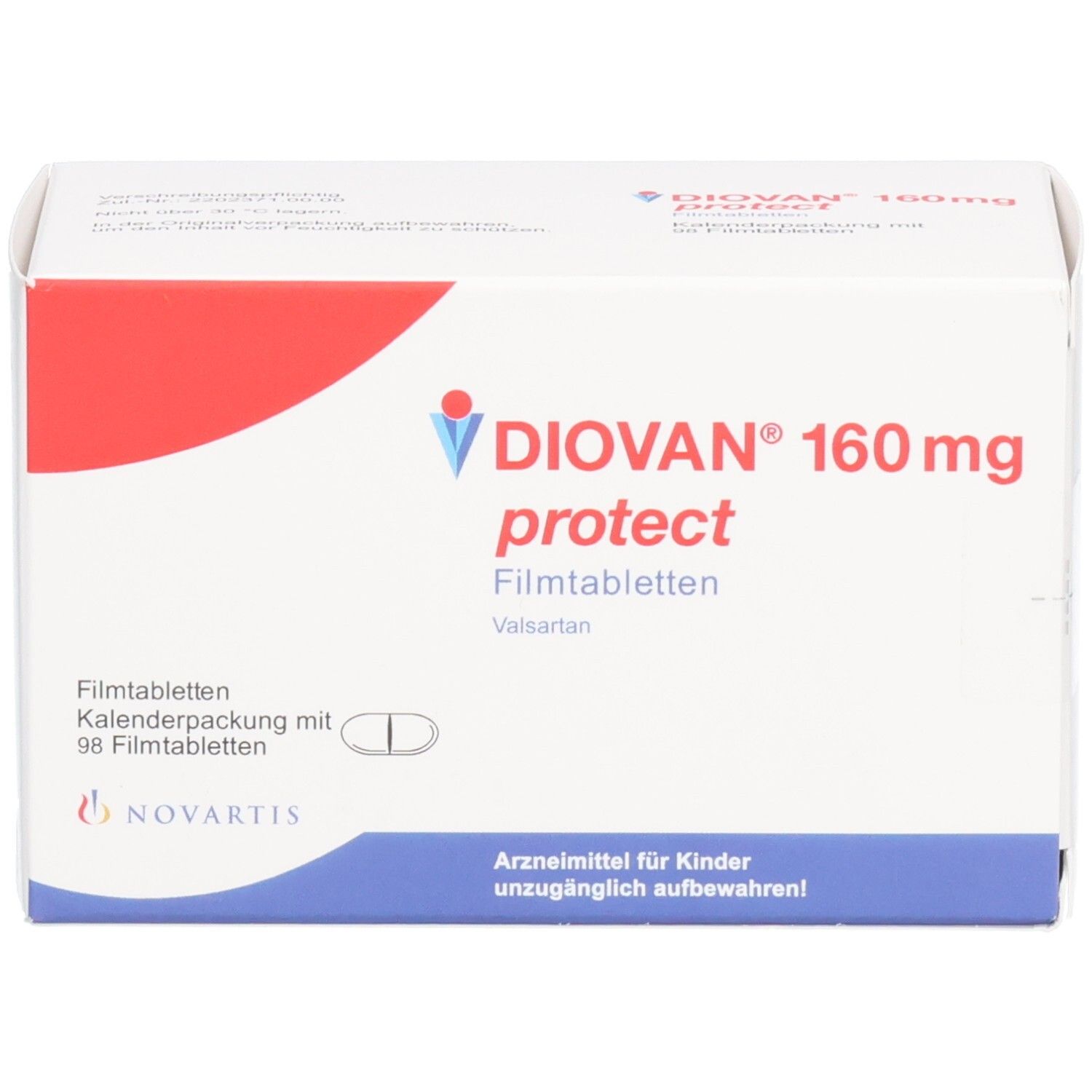 Weiße Schachtel mit rotem Akzent. Aufschrift DIOVAN 160 mg protect Filmtabletten. Enthält 98 Filmtabletten. Novartis Logo.