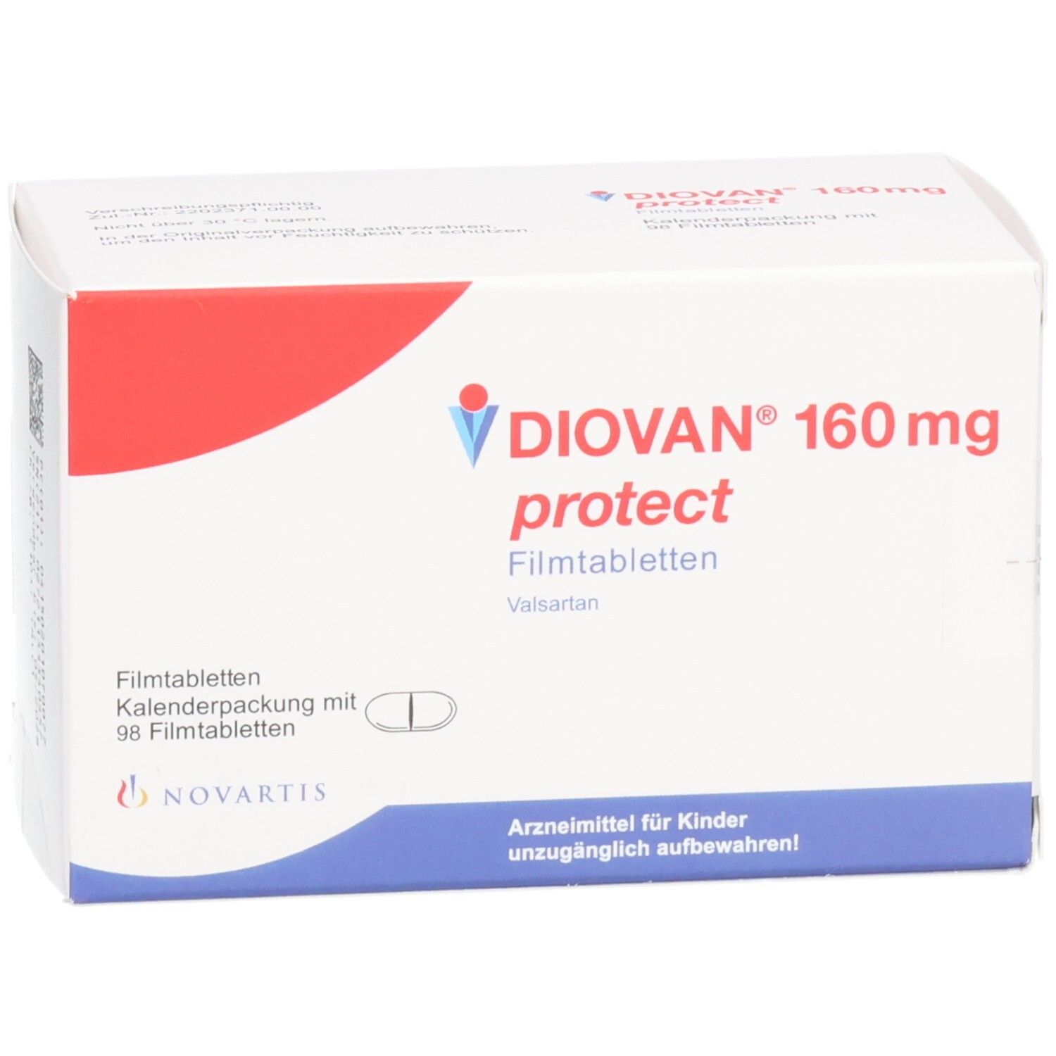 Weiße Schachtel mit rotem Akzent. Aufschrift DIOVAN 160 mg protect Filmtabletten. Enthält 98 Filmtabletten. Novartis Logo.