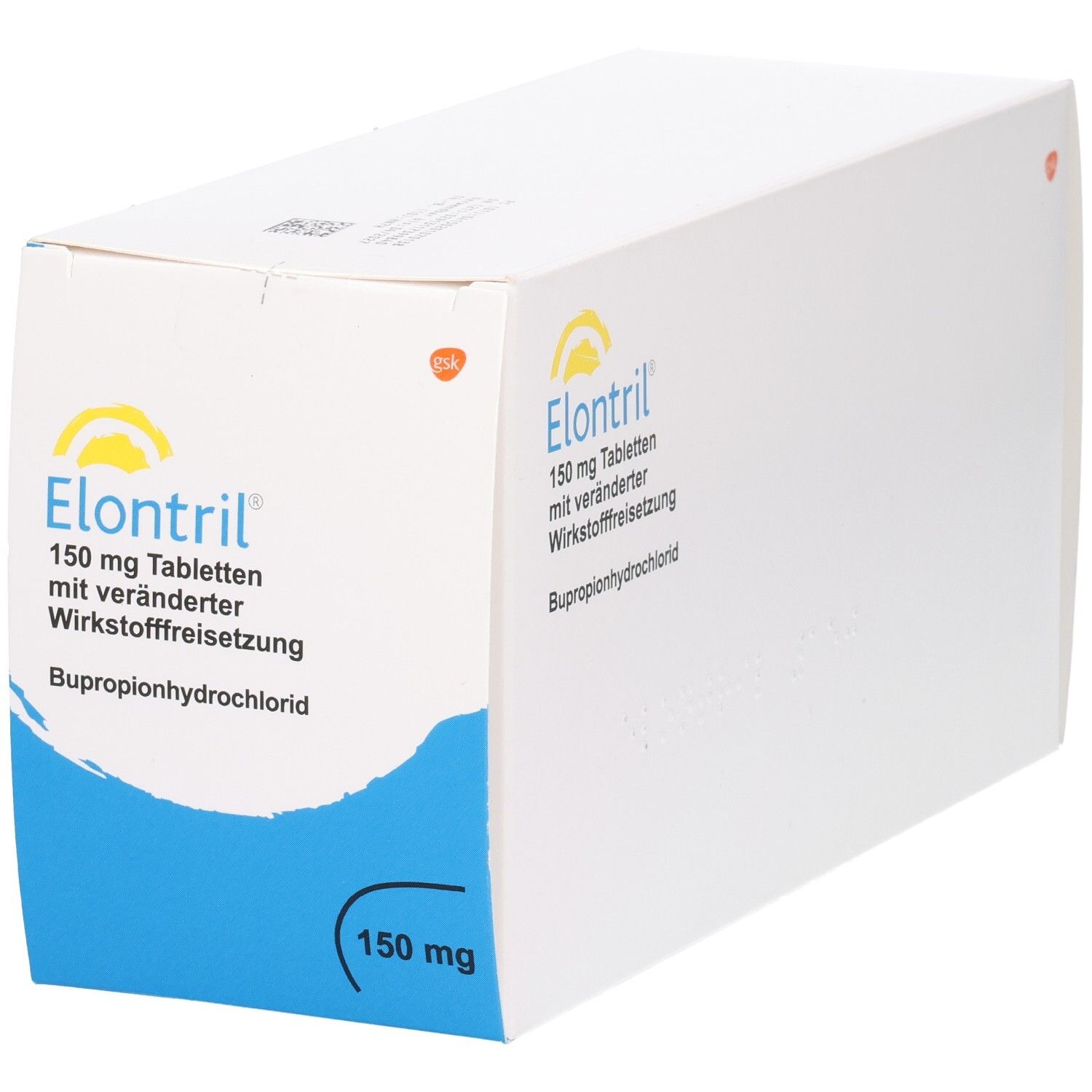 Weiße Faltschachtel mit blauem Akzent. Aufdruck: Elontril 150 mg Tabletten mit veränderter Wirkstofffreisetzung.