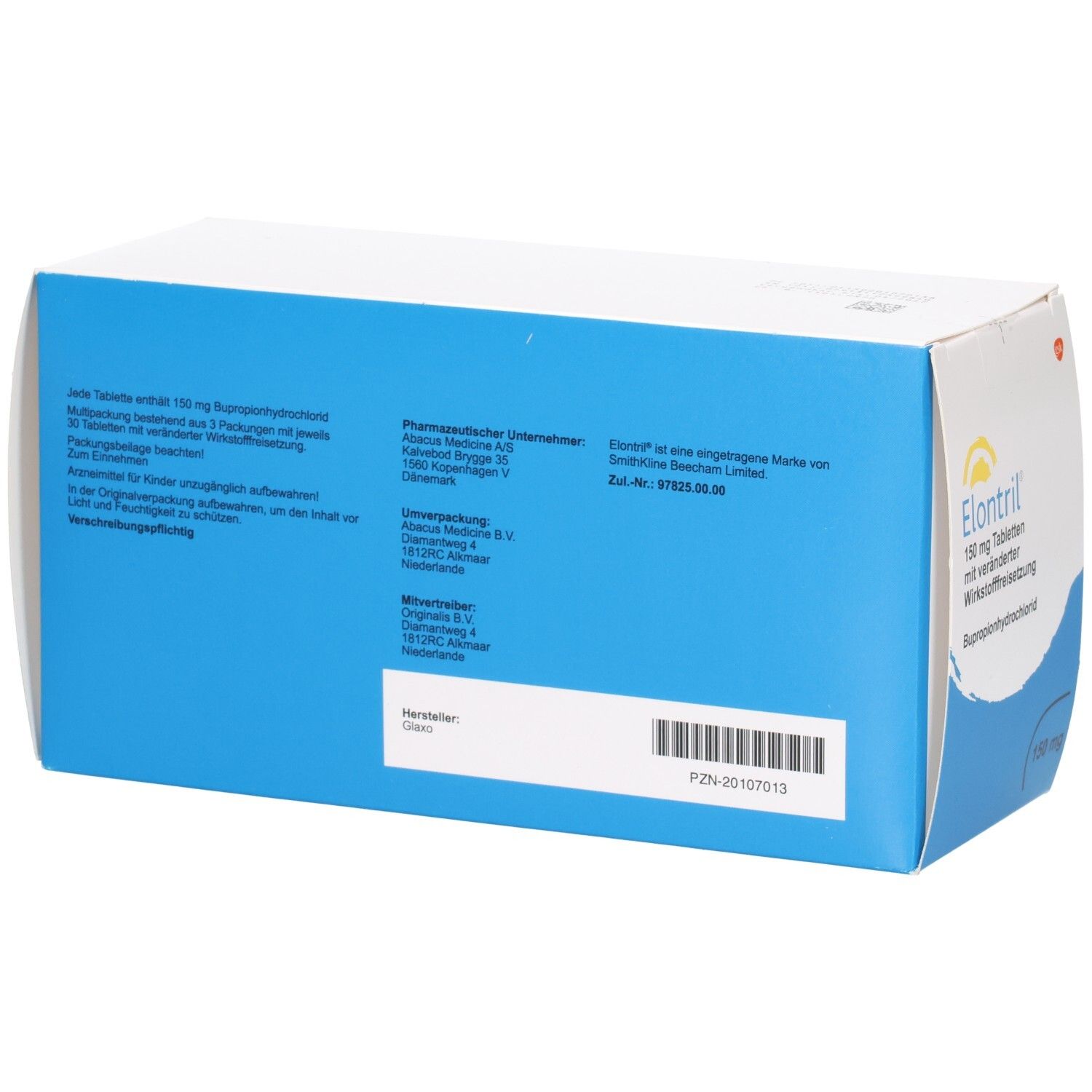 Weiße Faltschachtel mit blauem Hintergrund. Aufdruck: Elontril 150 mg Tabletten mit veränderter Wirkstofffreisetzung.
