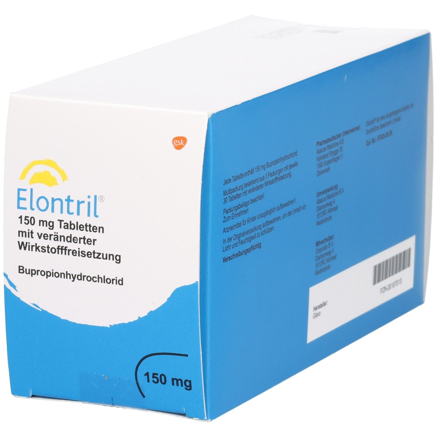 Weiße Faltschachtel mit blauem Hintergrund. Aufdruck: Elontril 150 mg Tabletten mit veränderter Wirkstofffreisetzung.