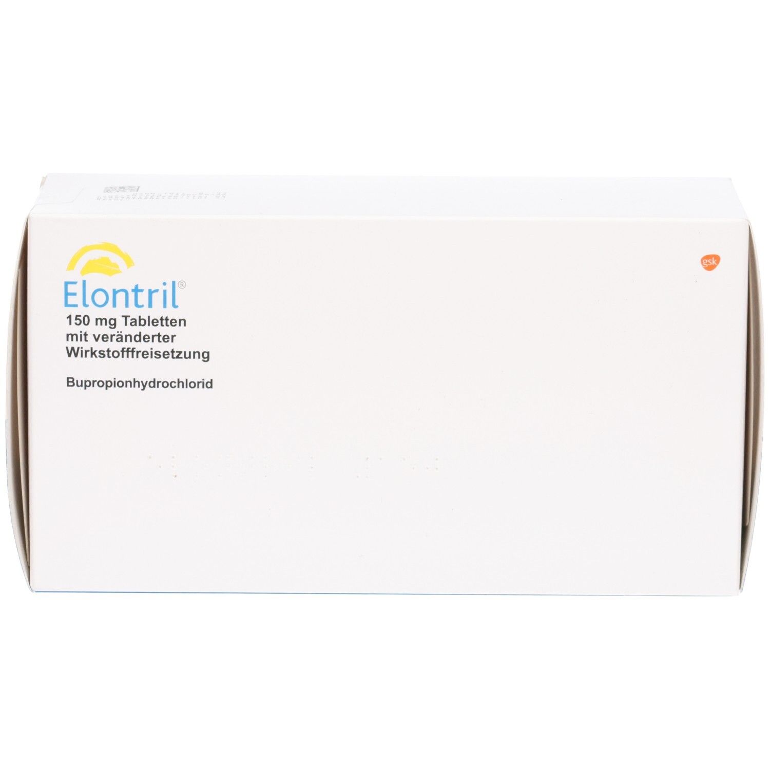 Weiße rechteckige Faltschachtel. Aufdruck: Elontril 150 mg Tabletten mit veränderter Wirkstofffreisetzung.