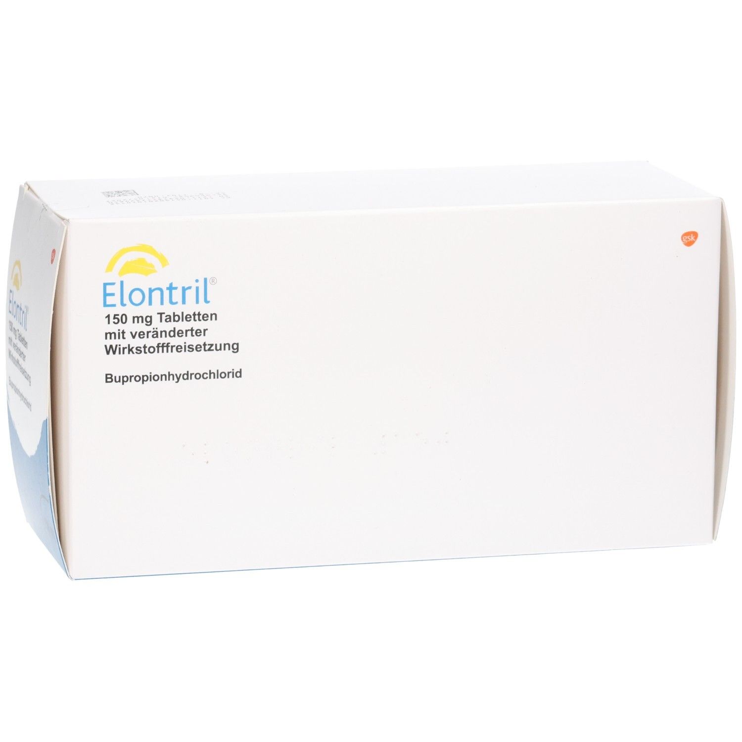 Weiße rechteckige Faltschachtel. Aufdruck: Elontril 150 mg Tabletten mit veränderter Wirkstofffreisetzung.