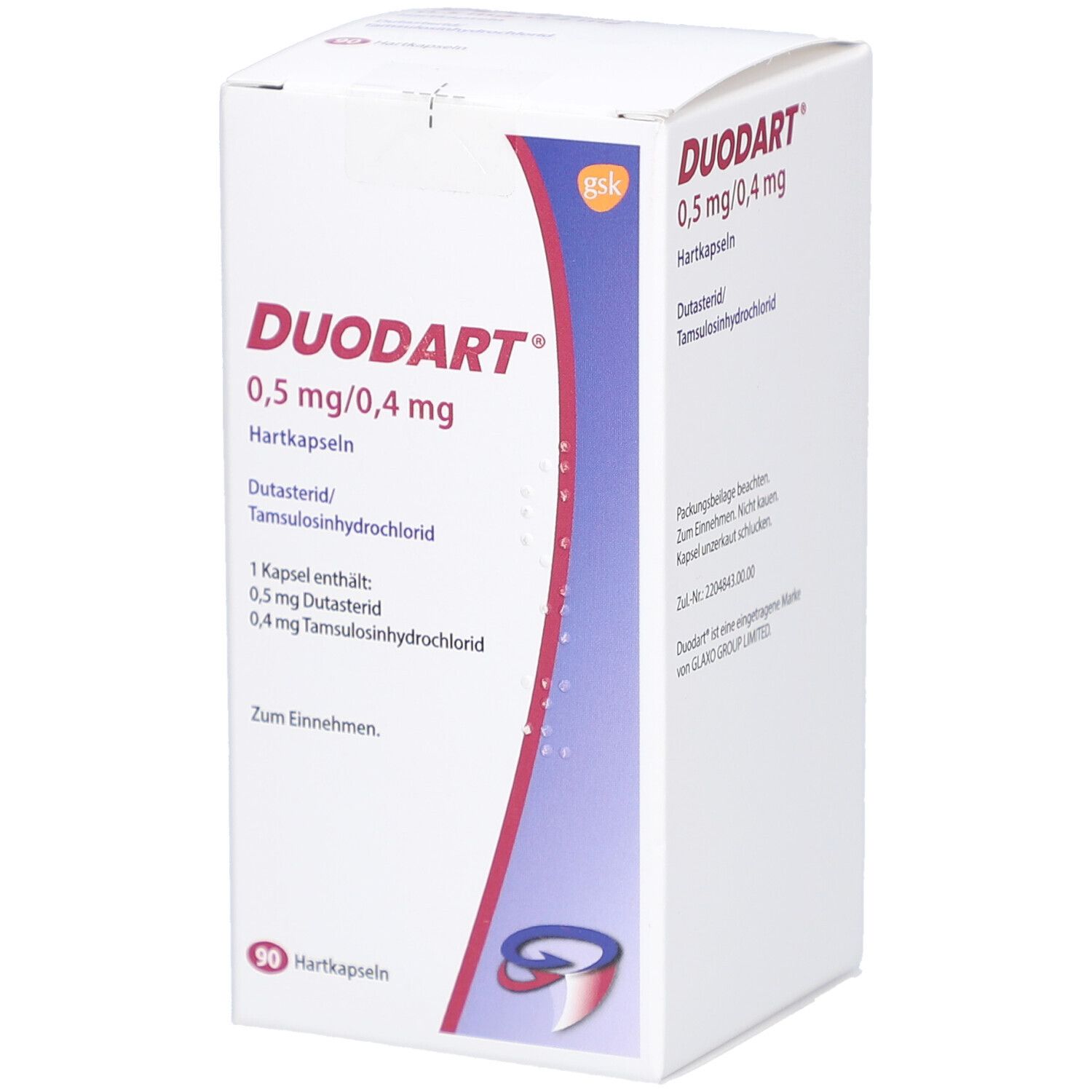 DUODART 0,5 mg/0,4 mg Hartkapseln. Weiße Schachtel mit roter und blauer Grafik. Produktname und Dosierung deutlich sichtbar.