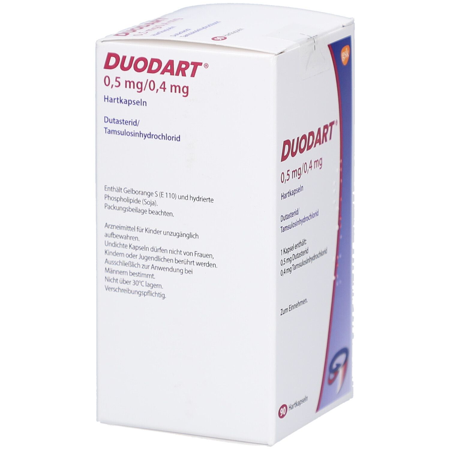 DUODART 0,5 mg/0,4 mg Hartkapseln. Weiße Schachtel mit Text. Enthält Informationen zu Inhaltsstoffen und Warnhinweisen.