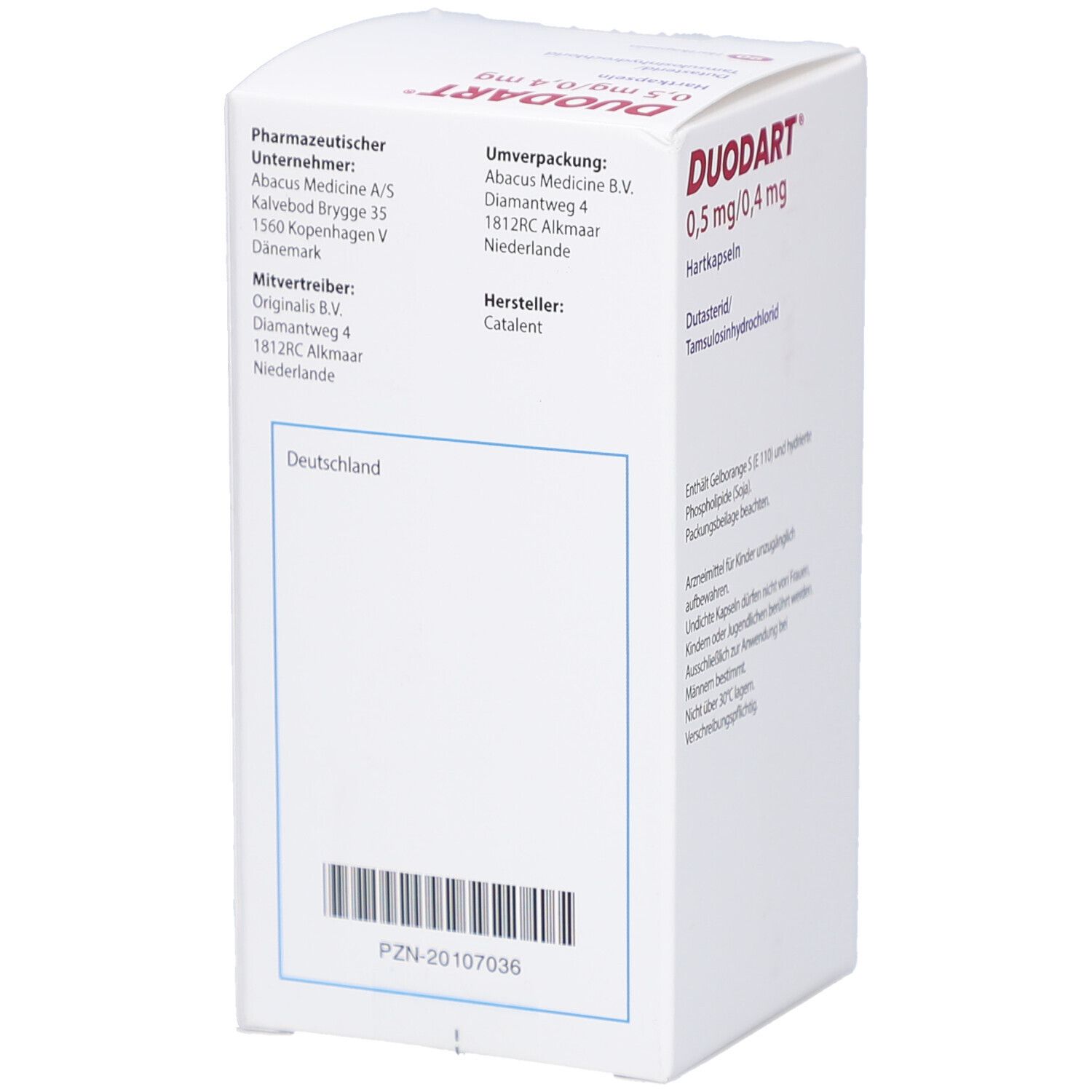 DUODART 0,5 mg/0,4 mg Hartkapseln. Weiße Schachtel mit Text und Barcode. Informationen zu Hersteller und Vertrieb.