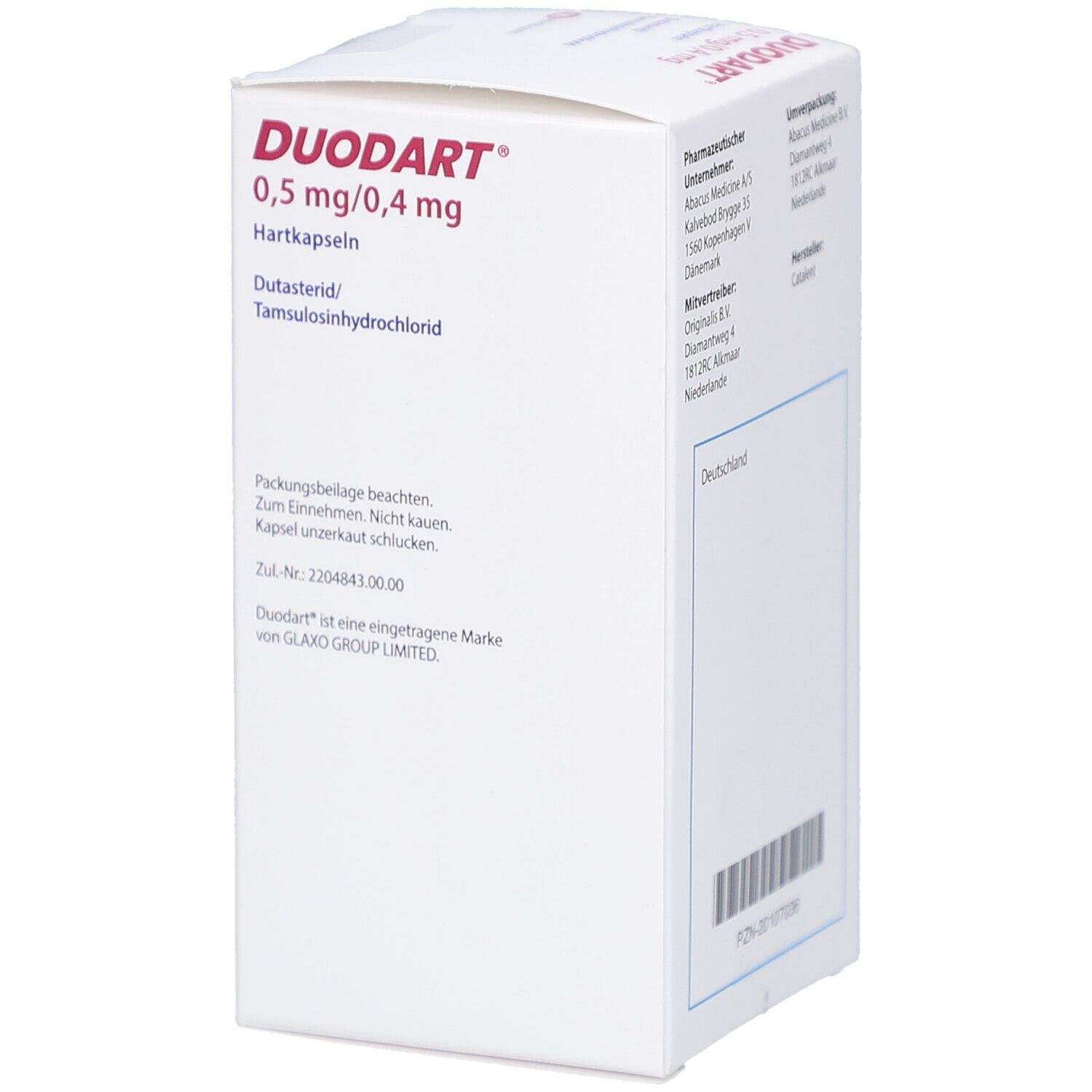 DUODART 0,5 mg/0,4 mg Hartkapseln. Weiße Schachtel mit Text. Informationen zur Packungsbeilage und Marke.