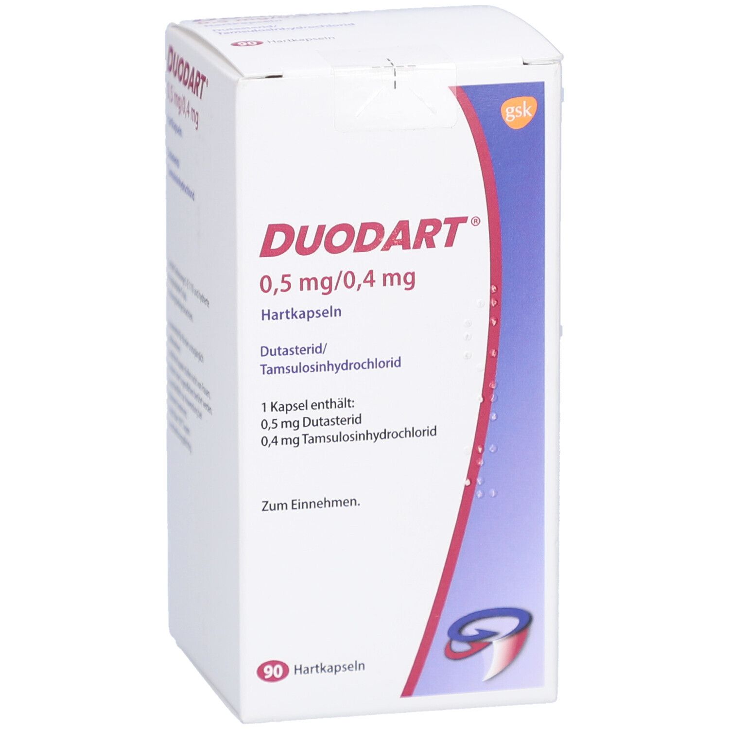 DUODART 0,5 mg/0,4 mg Hartkapseln. Weiße Schachtel mit roter und blauer Grafik. Produktname und Dosierung deutlich sichtbar.