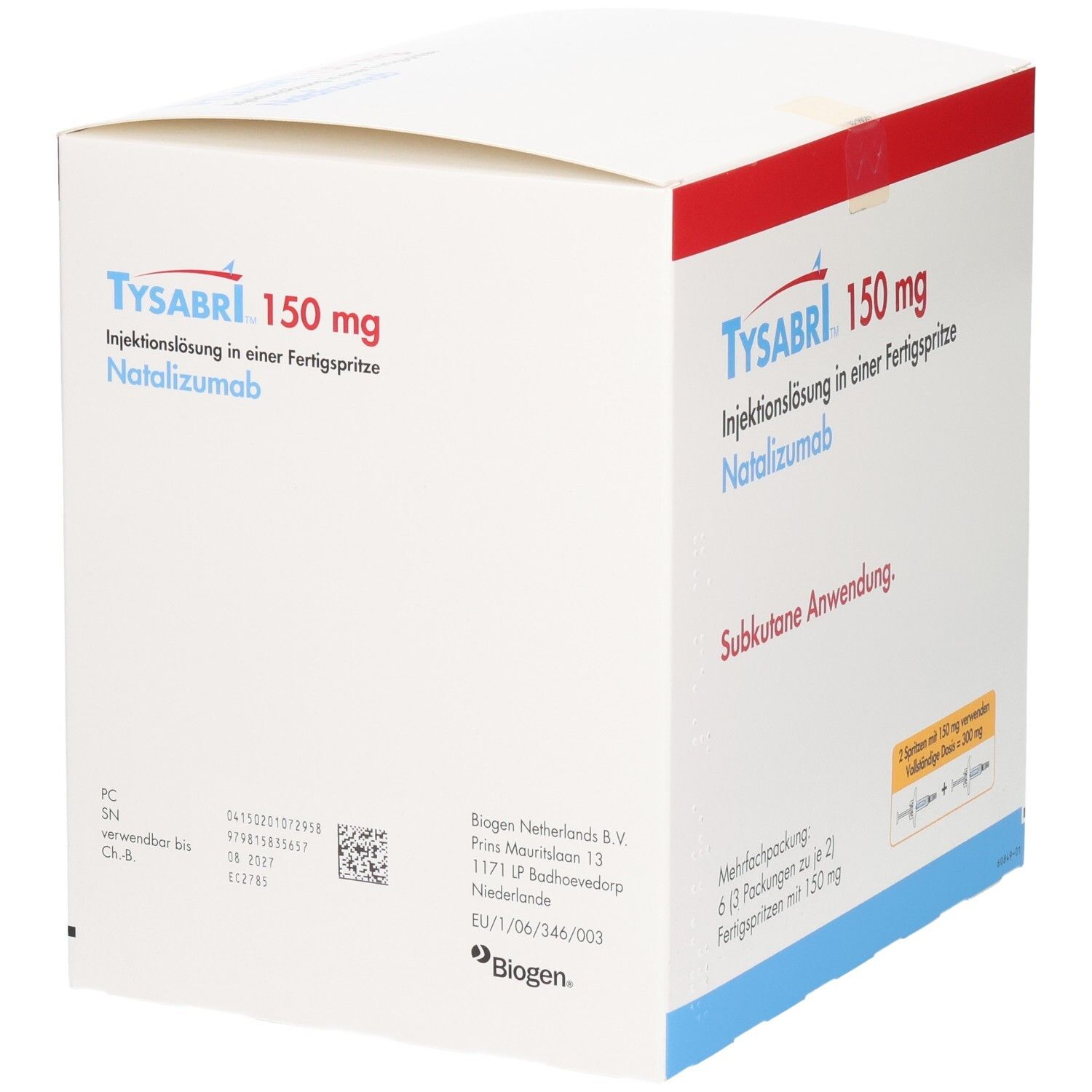 TYSABRI 150 mg Injektionslösung in einer Fertigspritze. Natalizumab. Rückseite mit Chargen- und Verfallsdatum. Biogen.