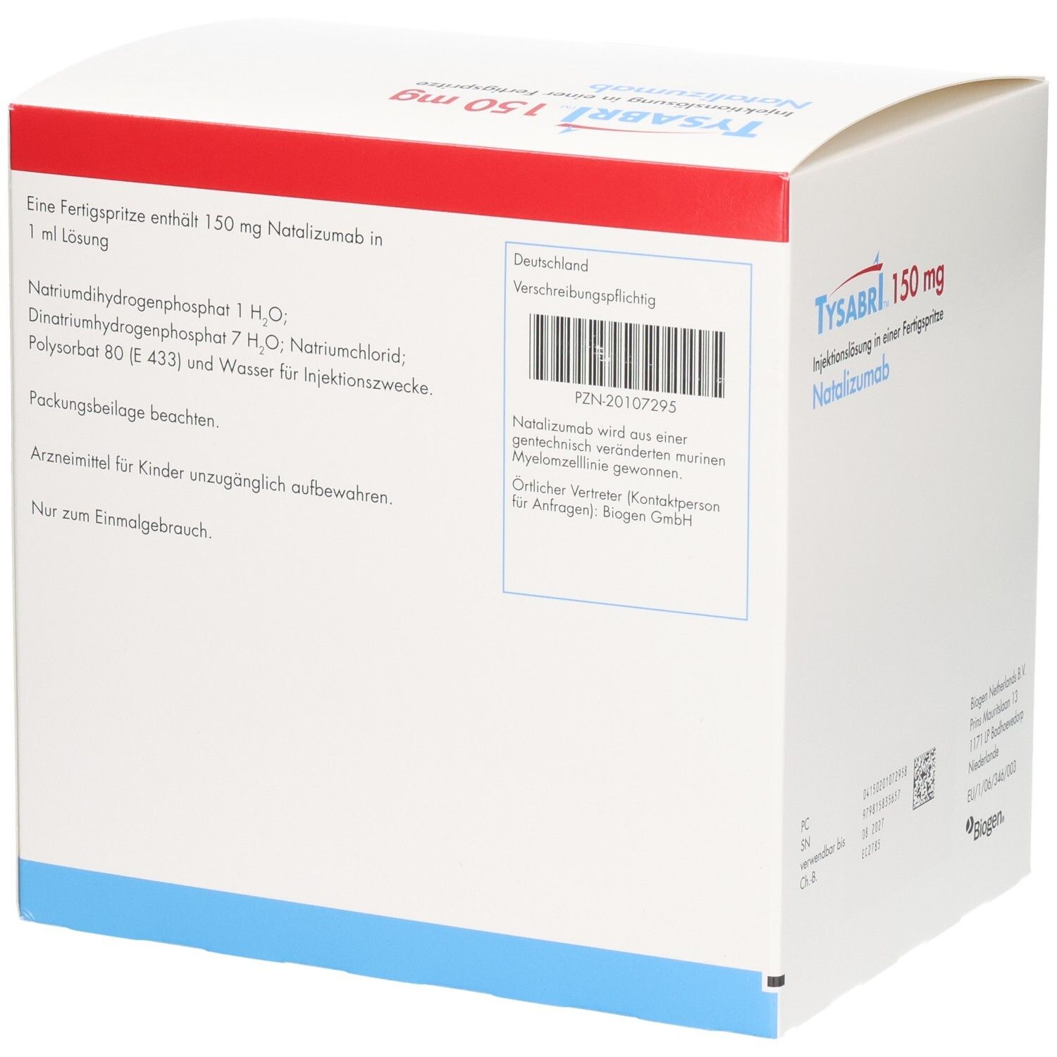 TYSABRI 150 mg Fertigspritze. Inhalt: 1 ml Lösung mit 150 mg Natalizumab. Gebrauchsinformation beachten.