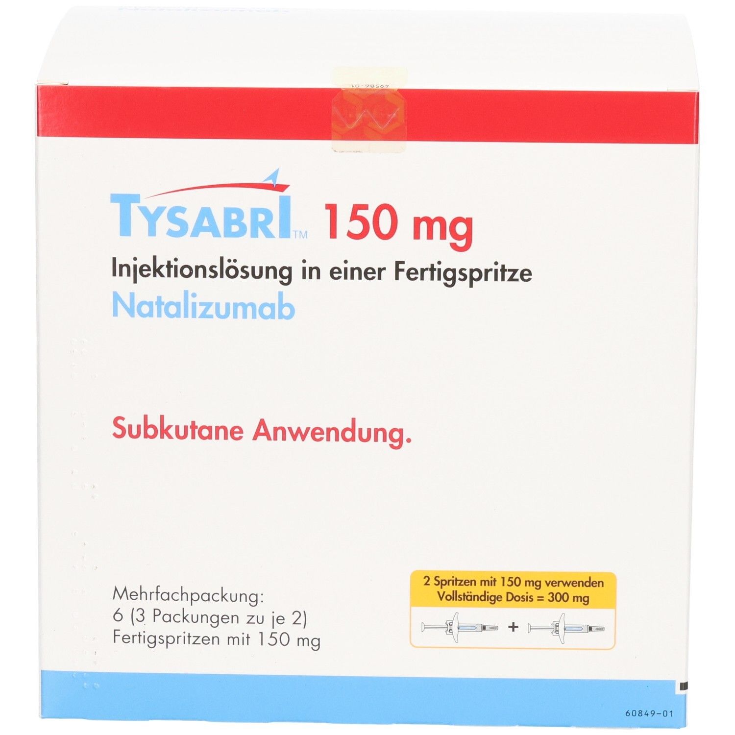 TYSABRI 150 mg Injektionslösung in einer Fertigspritze. Natalizumab. Subkutane Anwendung. Packung mit 6 Spritzen.