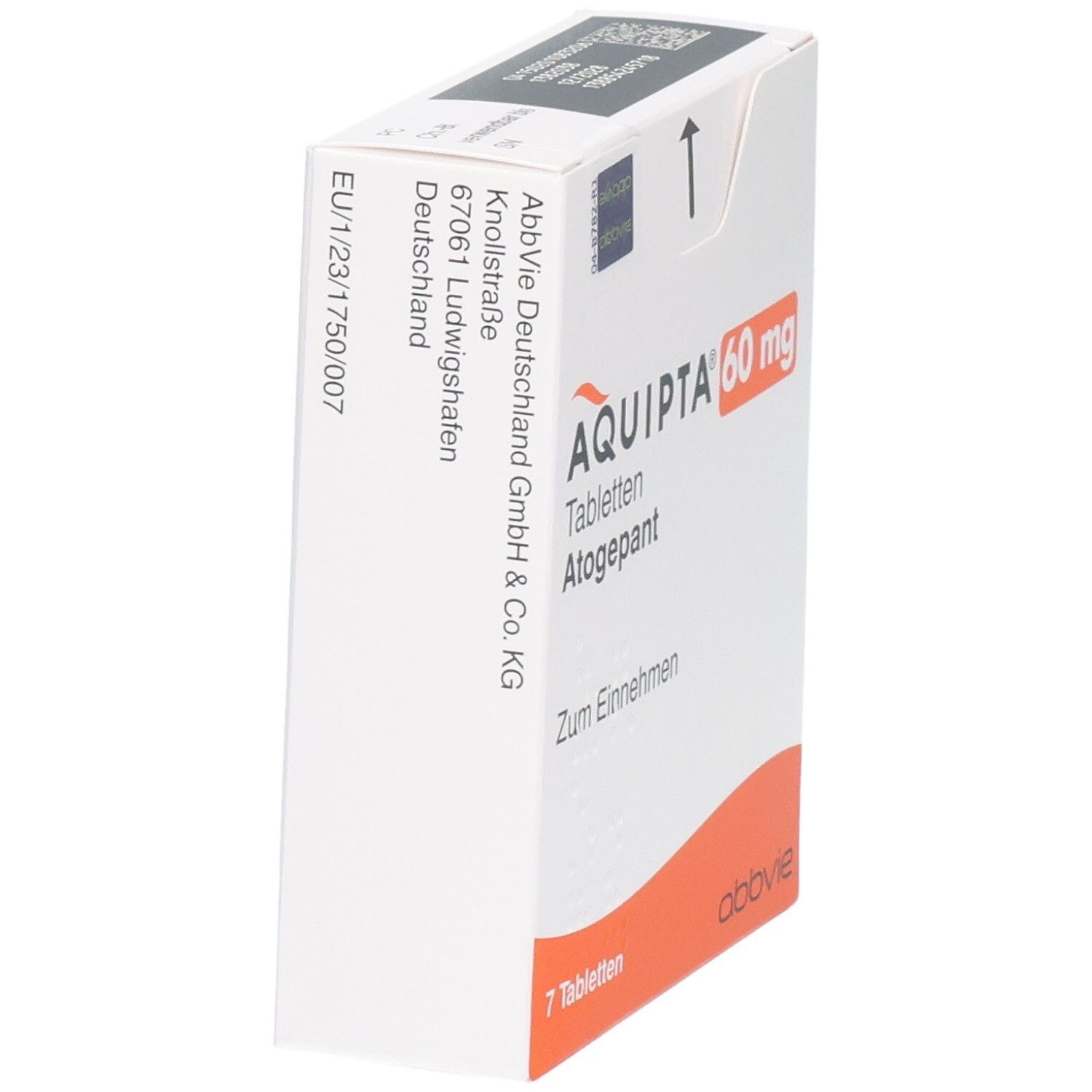 AQUITPA 60 mg Tabletten Atogepant Verpackung, Seite mit Herstellerangaben.