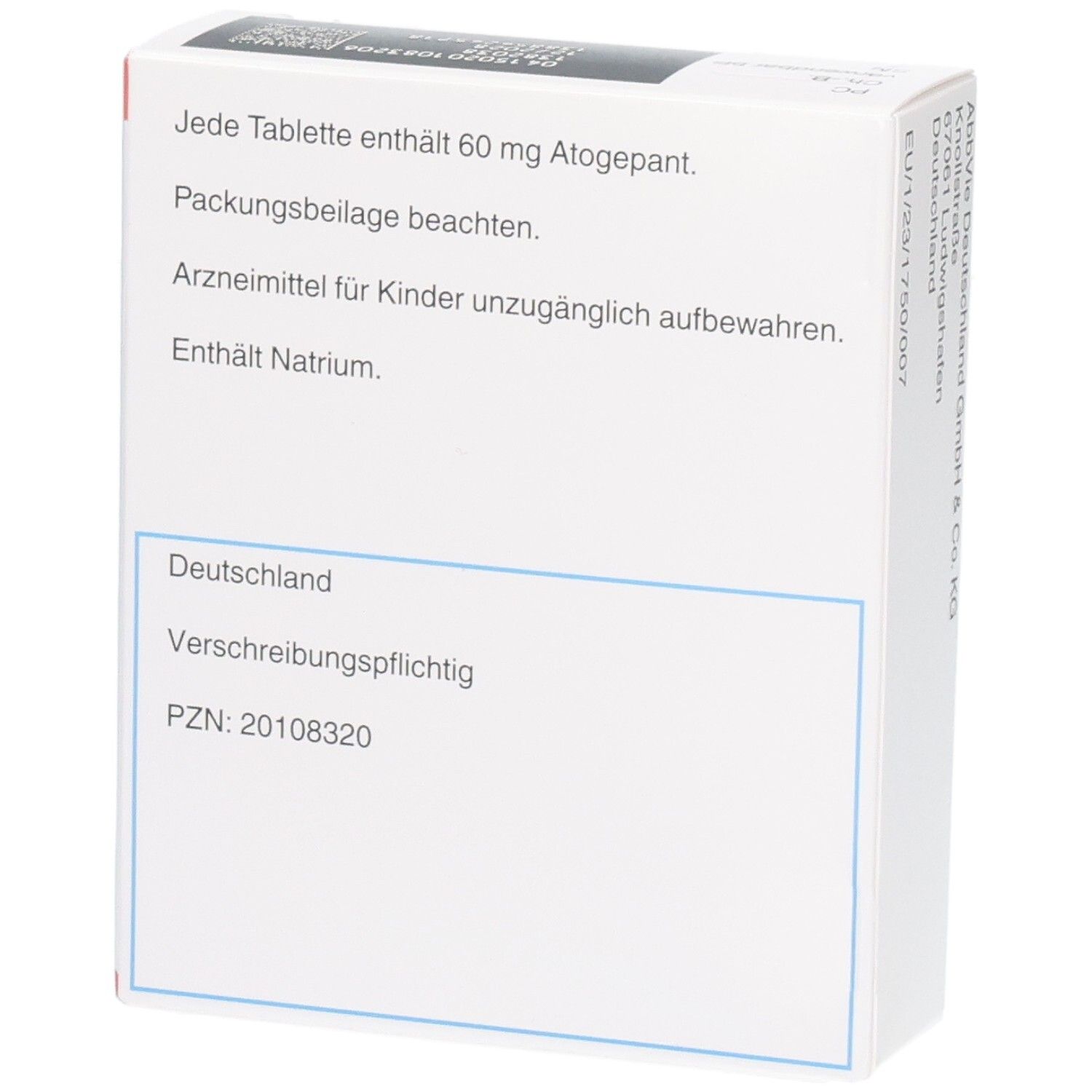 Rückseite der AQUITPA 60 mg Tabletten Atogepant Verpackung mit Hinweisen.