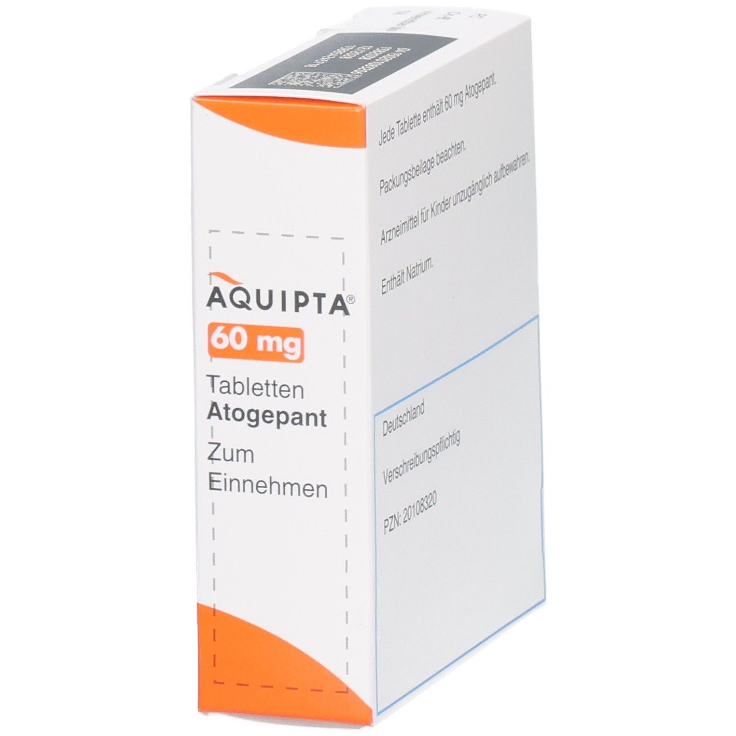 AQUITPA 60 mg Tabletten Atogepant Verpackung, schräge Ansicht.