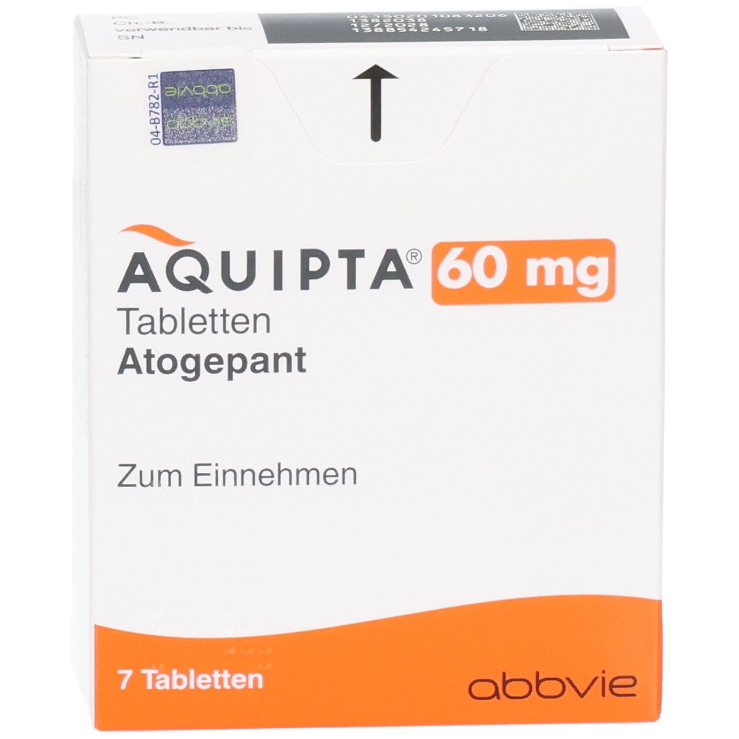 Vorderseite der AQUITPA 60 mg Tabletten Atogepant Verpackung, 7 Tabletten.