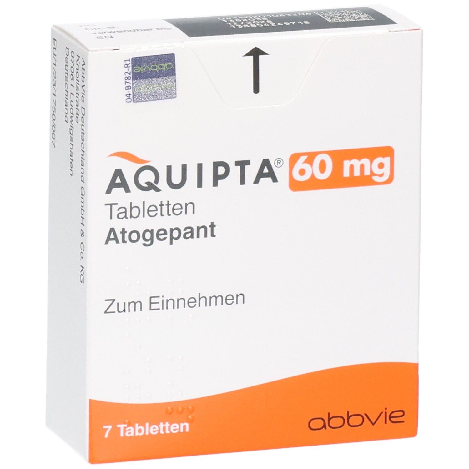 AQUITPA 60 mg Tabletten Atogepant Verpackung mit Herstellerangaben.